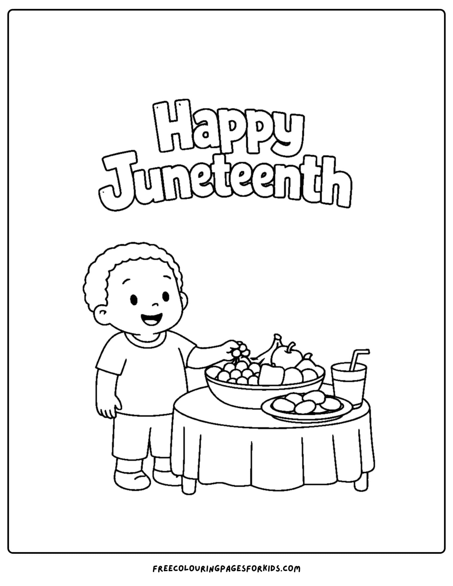 a happy juneteenth coloring page showing a child at a snack table