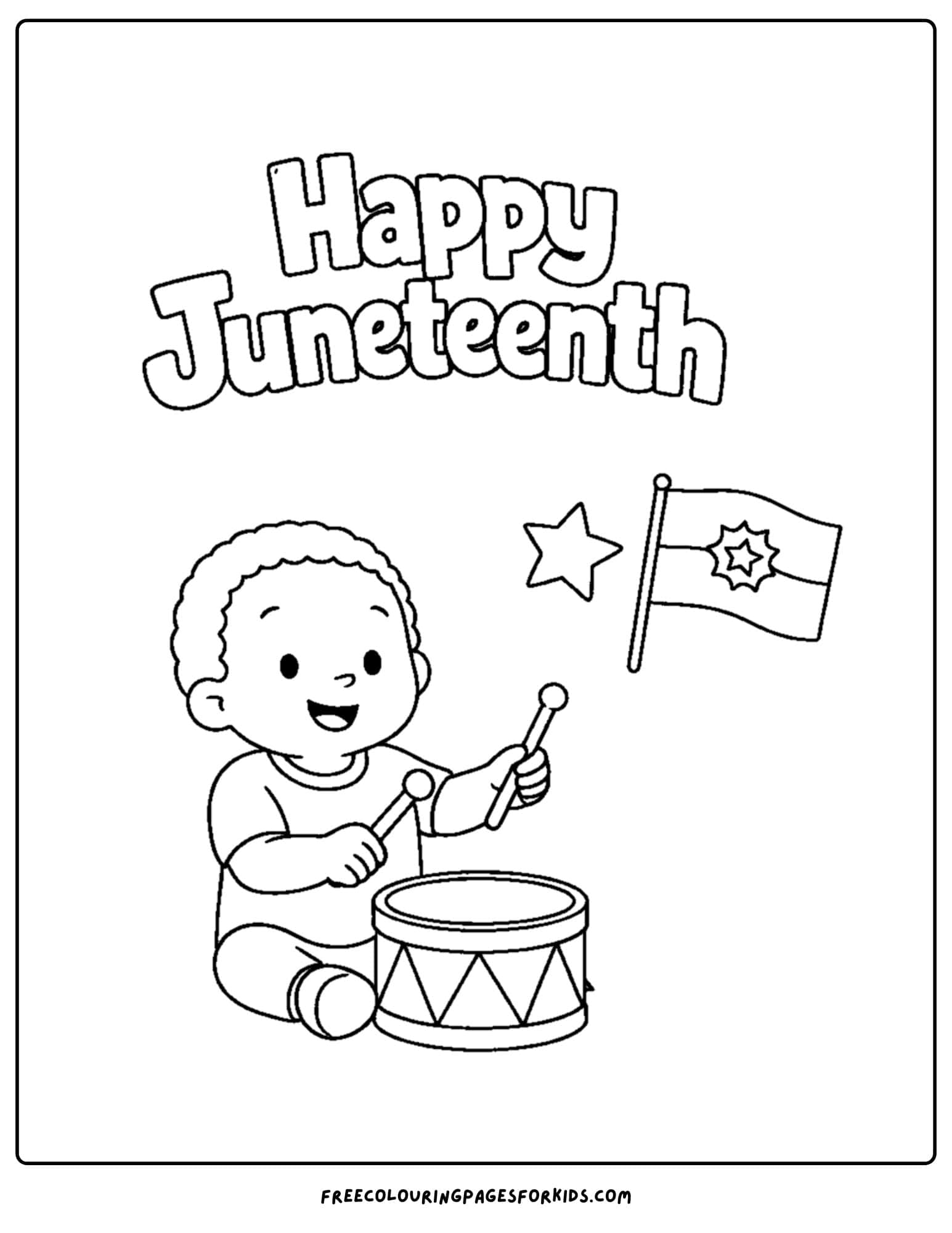 a happy juneteenth coloring page showing a child with a flag and playing the drums