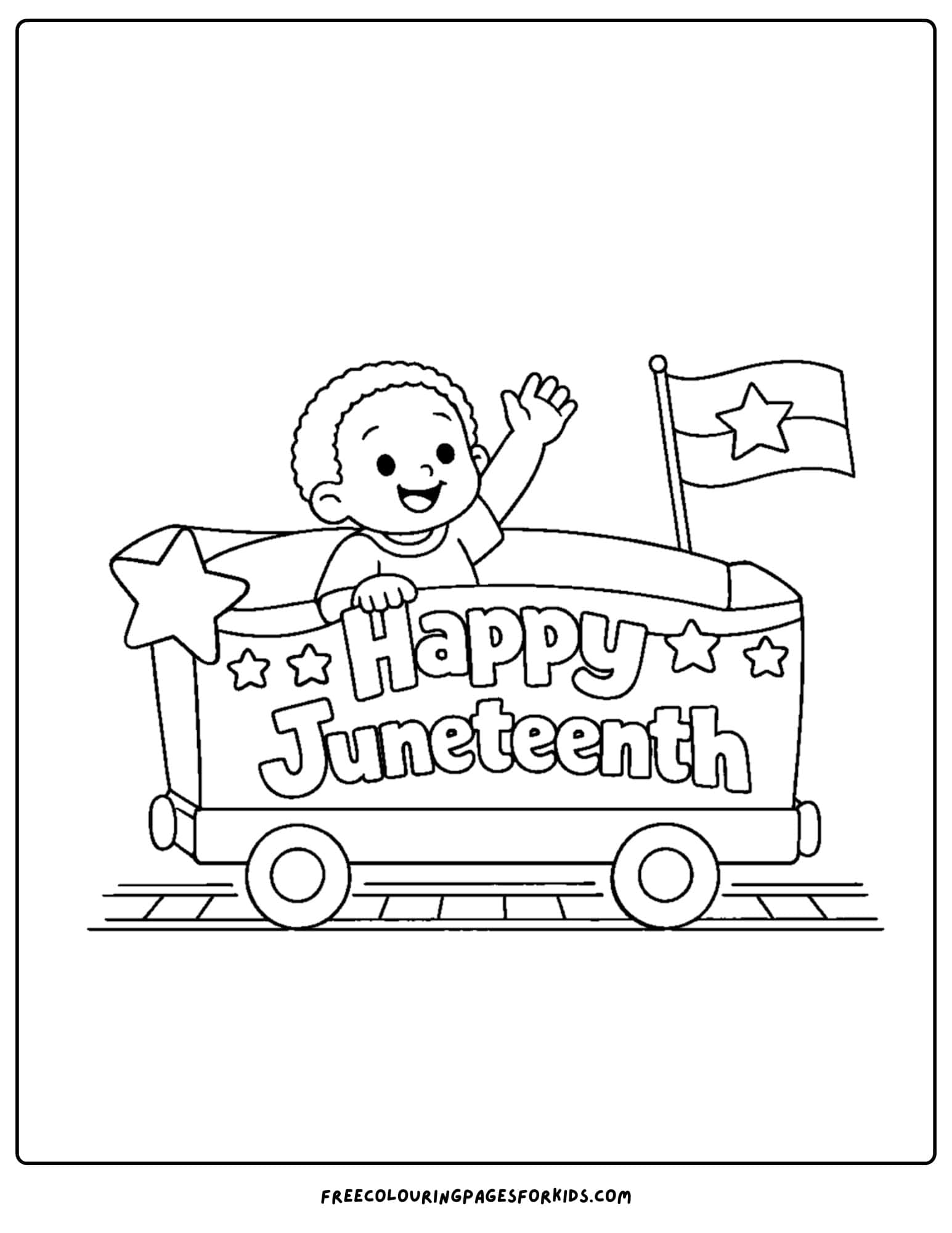 a happy juneteenth coloring page showing a child riding in a train carriage