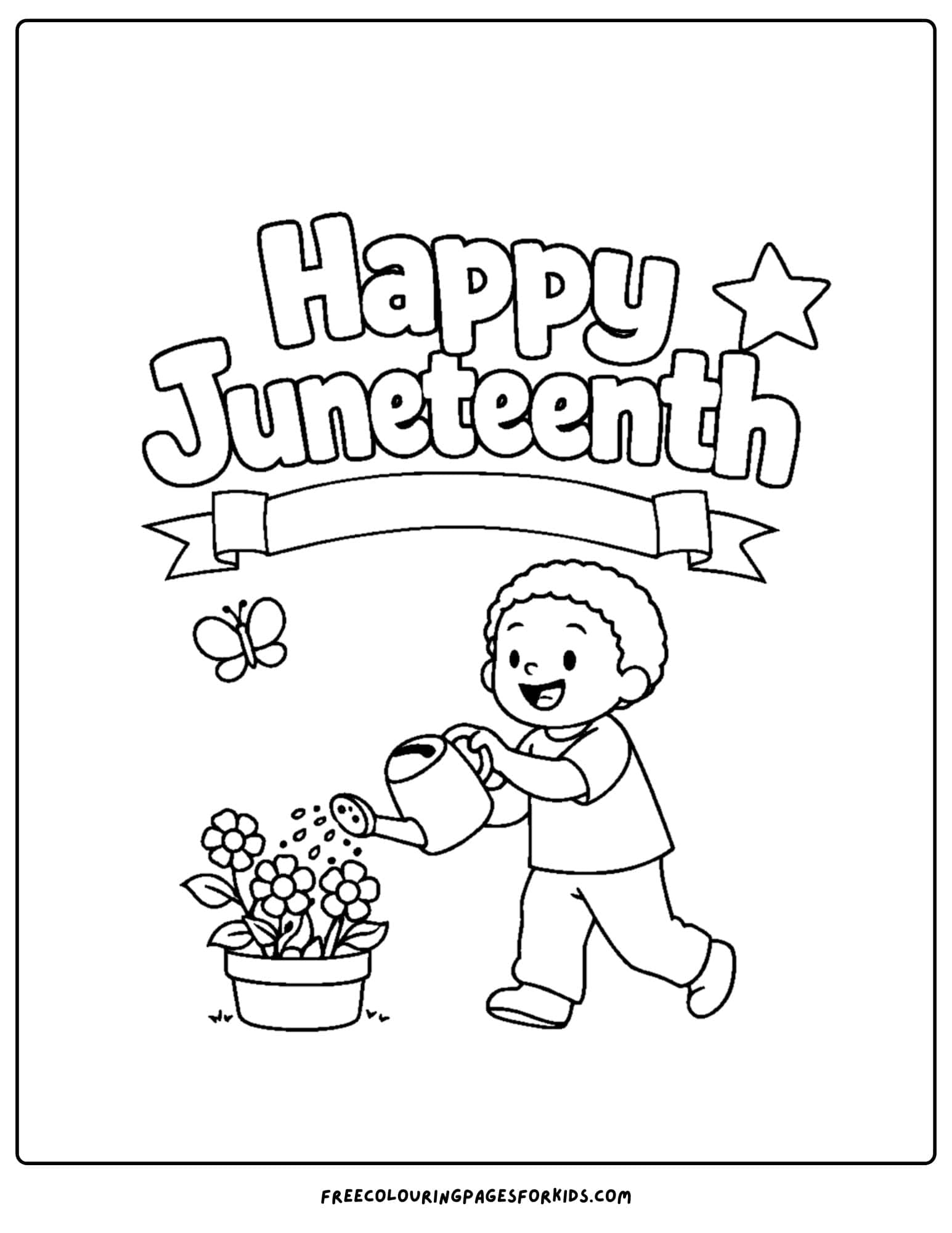 a happy juneteenth coloring page showing a child under a banner watering plants