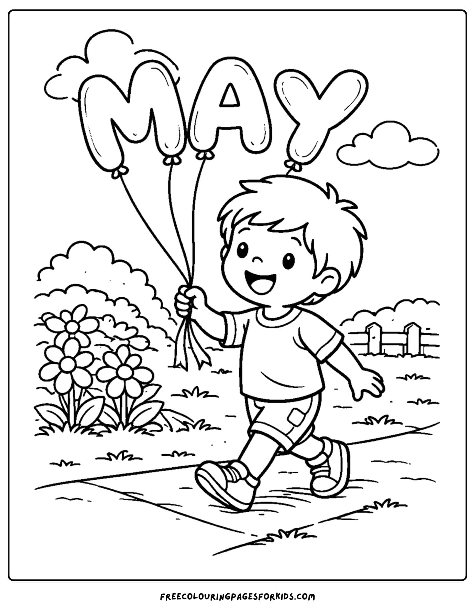 a may coloring page showing a child holding balloons that spell may