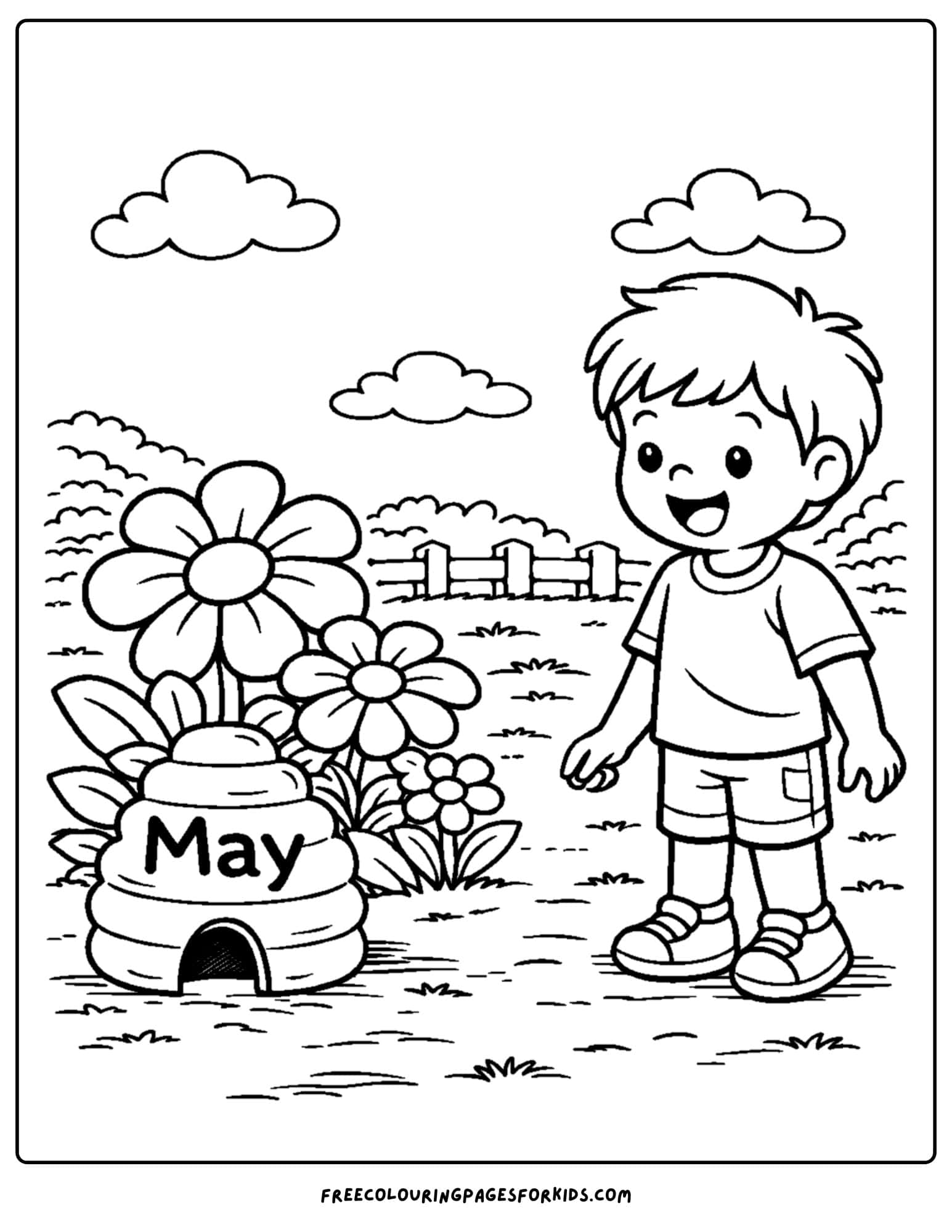 a may coloring page showing a child looking at flowers in the garden