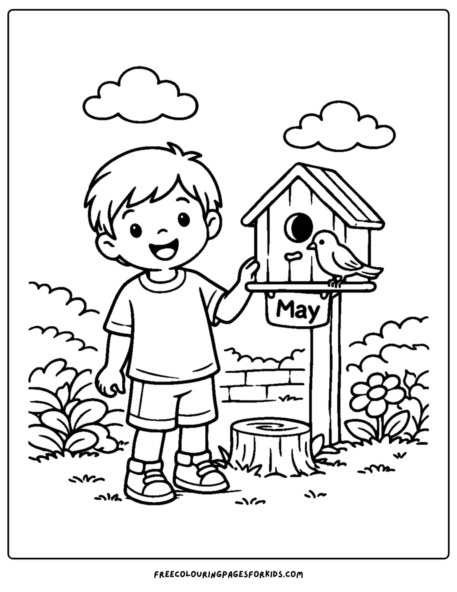 a may coloring page showing a child with a birdhouse
