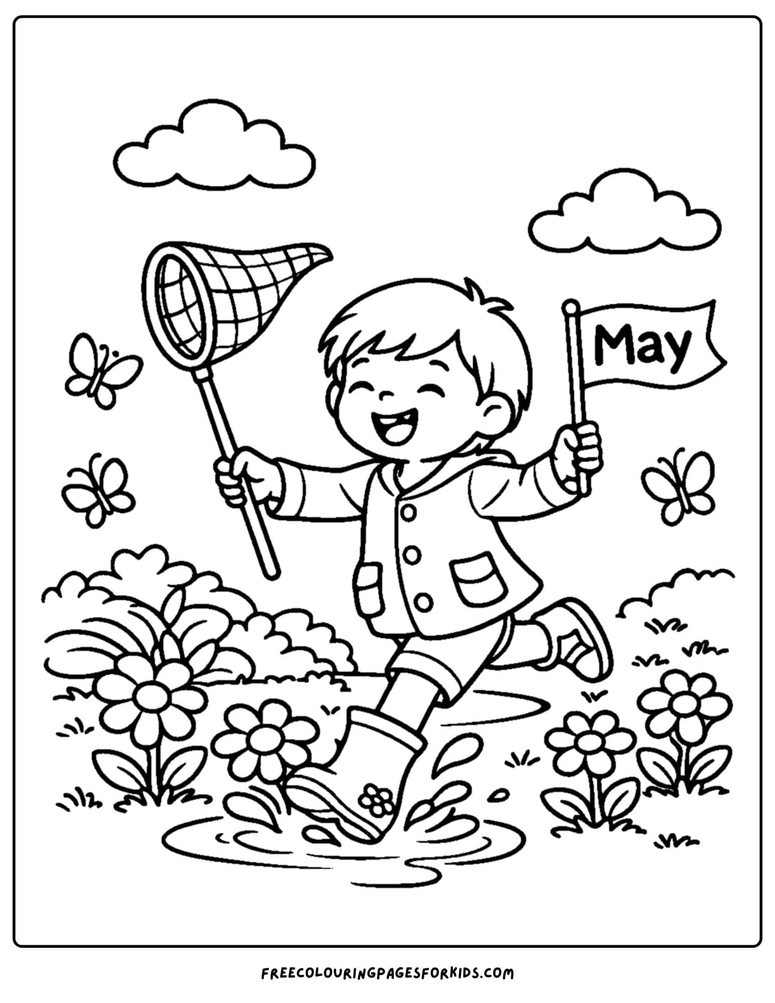 a may coloring page showing a child chasing butterflies with a net