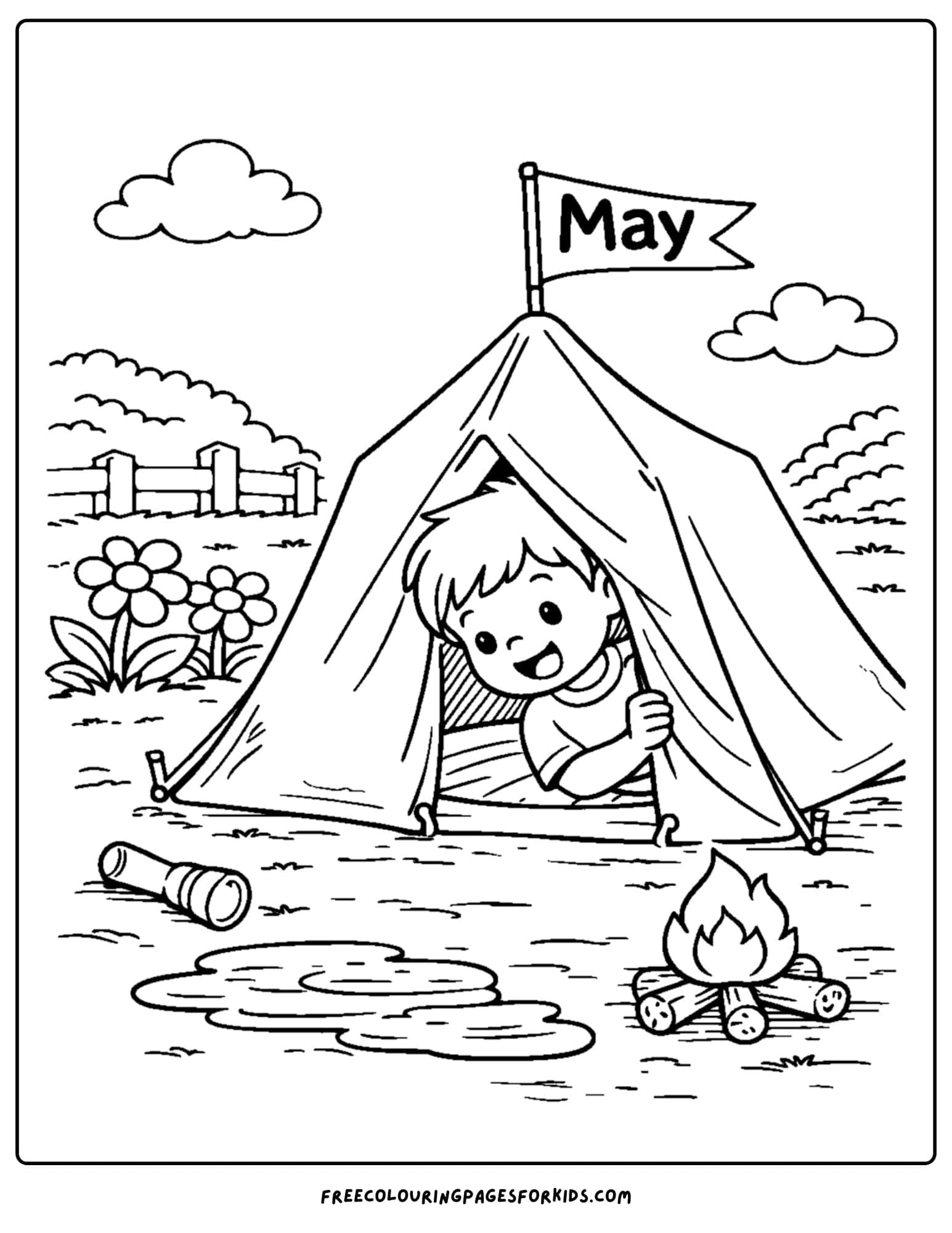 a may coloring page showing a child peeking out of a tent camping