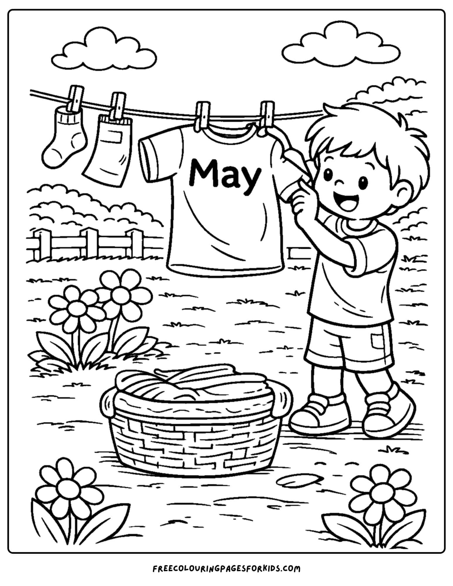 a may coloring page showing a child hanging clothes on the line