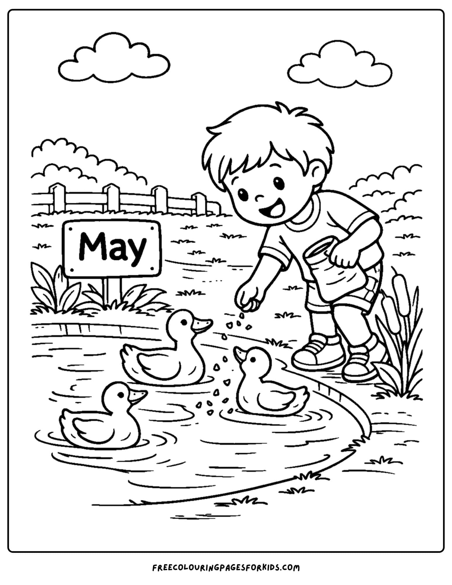 a may coloring page showing a child feeding ducks in the pond