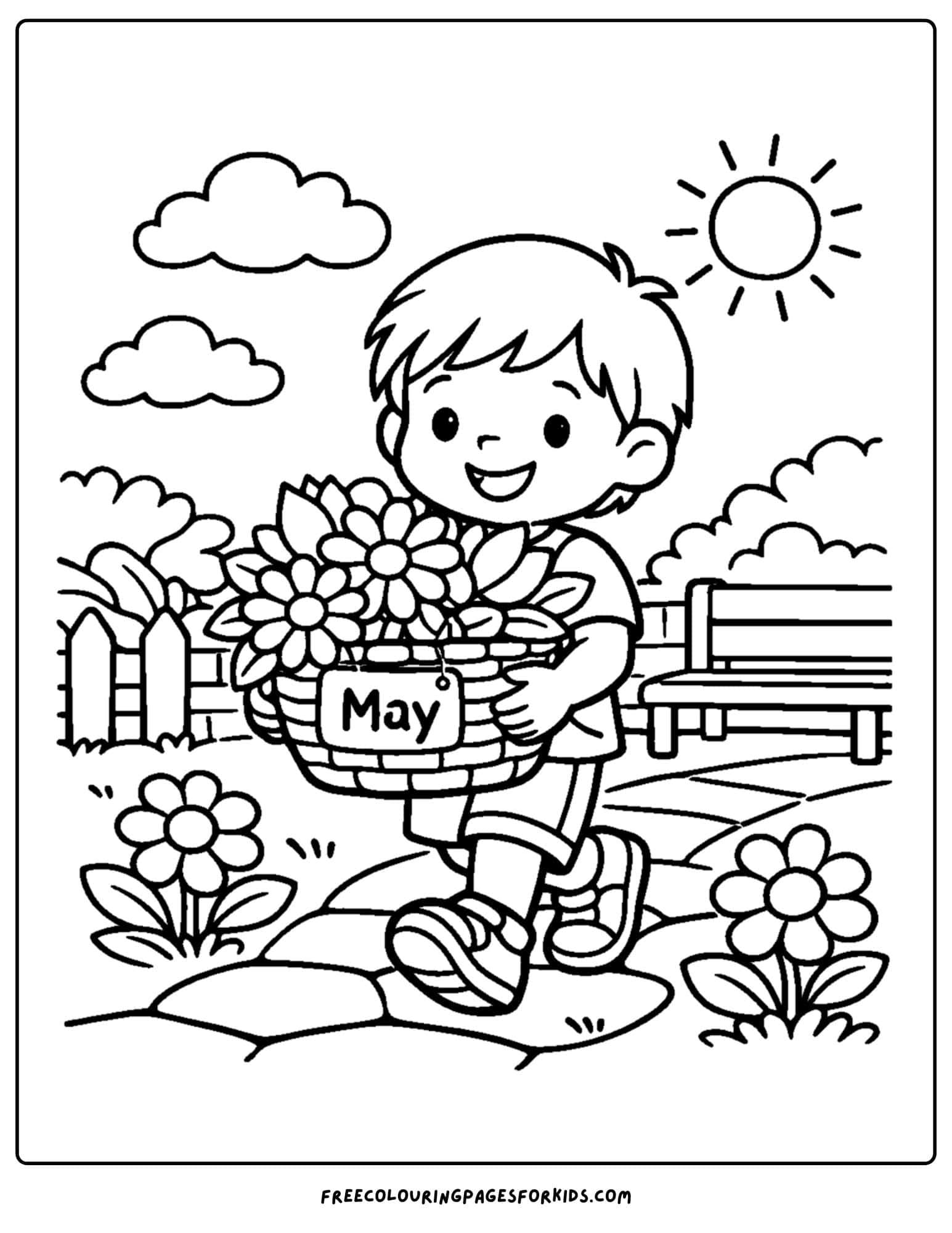 a may coloring page showing a child carrying a basket of flowers