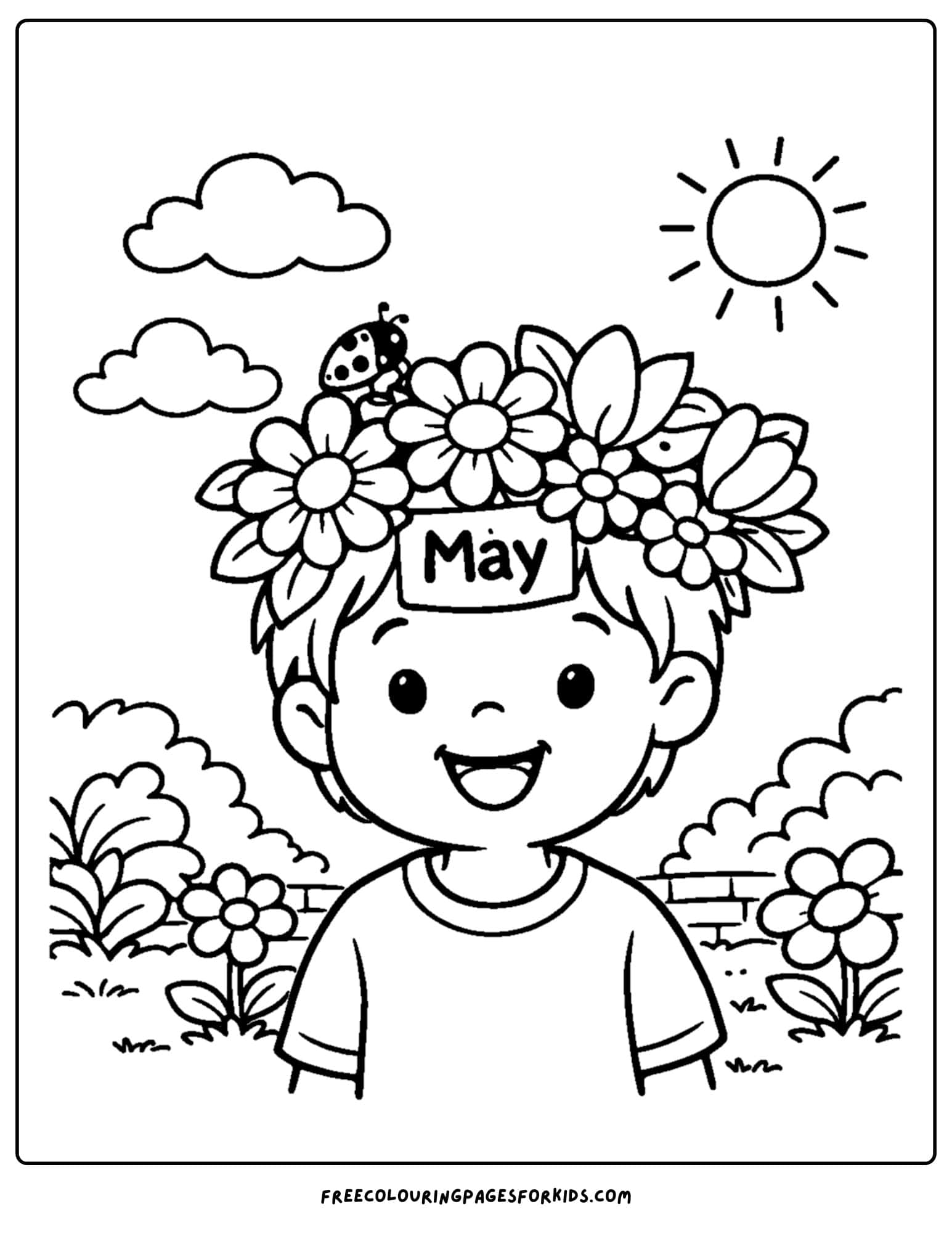 a may coloring page showing a child wearing a flower crown on their head