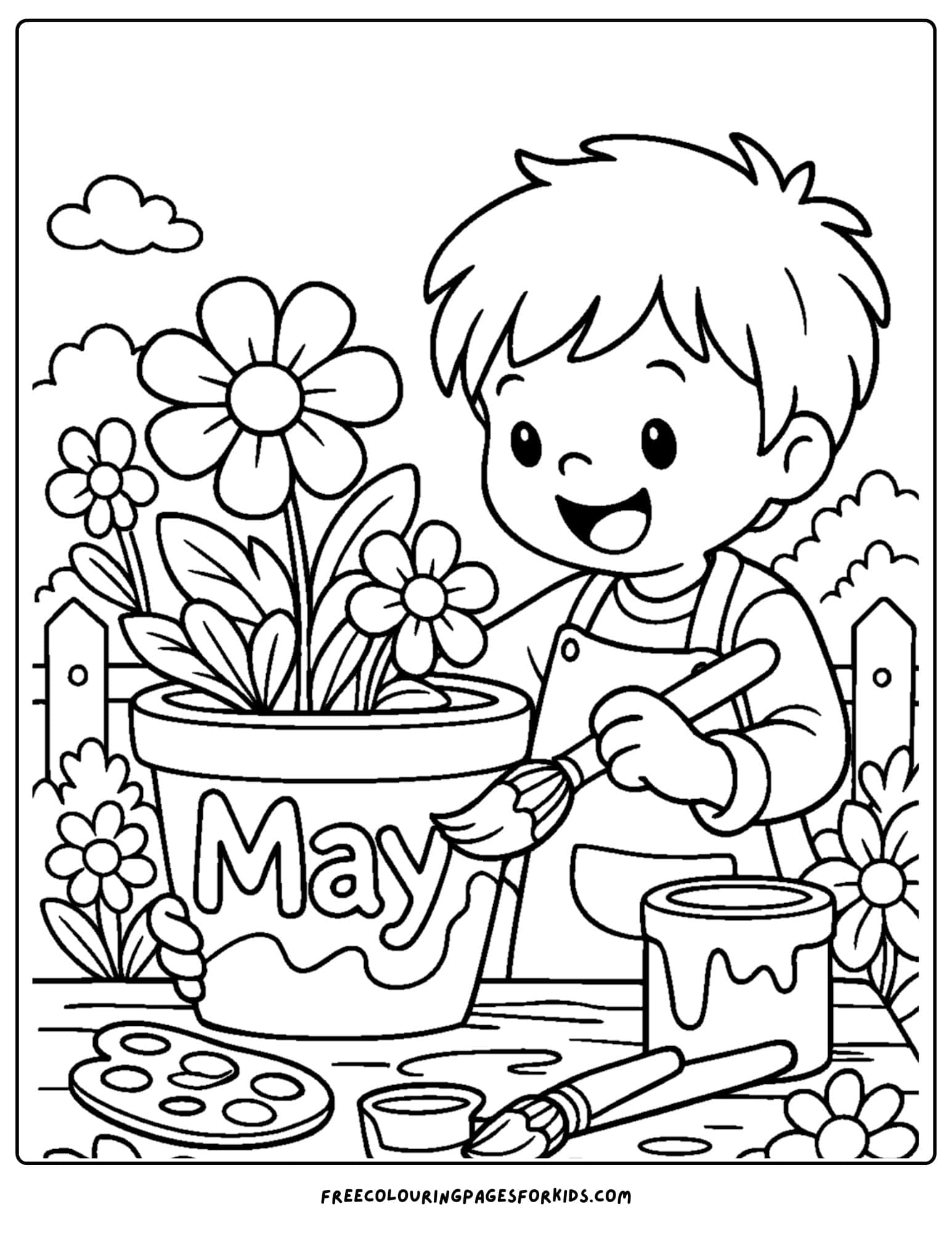 a may coloring page showing a child painting a flower pot
