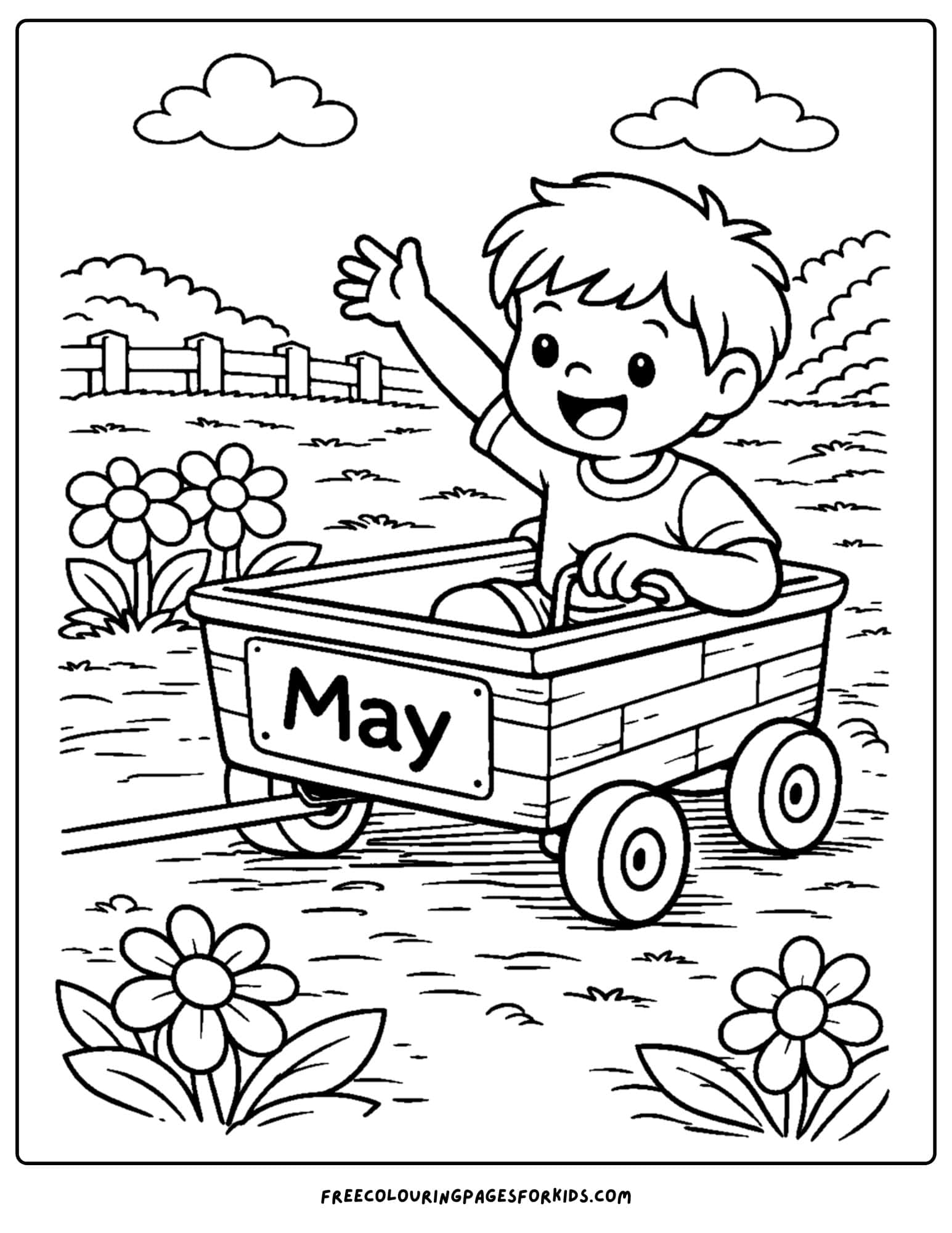 a may coloring page showing a child sitting in a garden cart