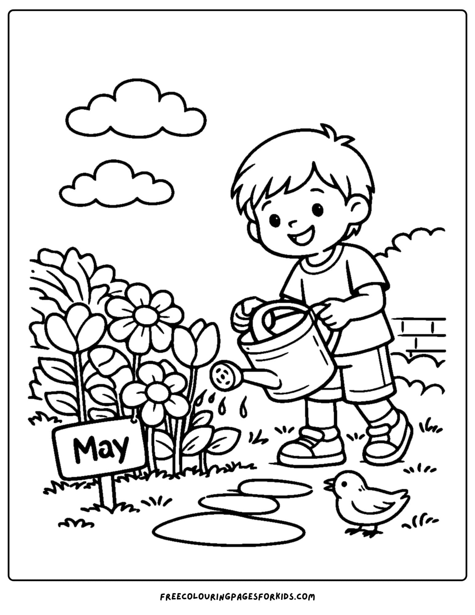 a may coloring page showing a child watering a garden