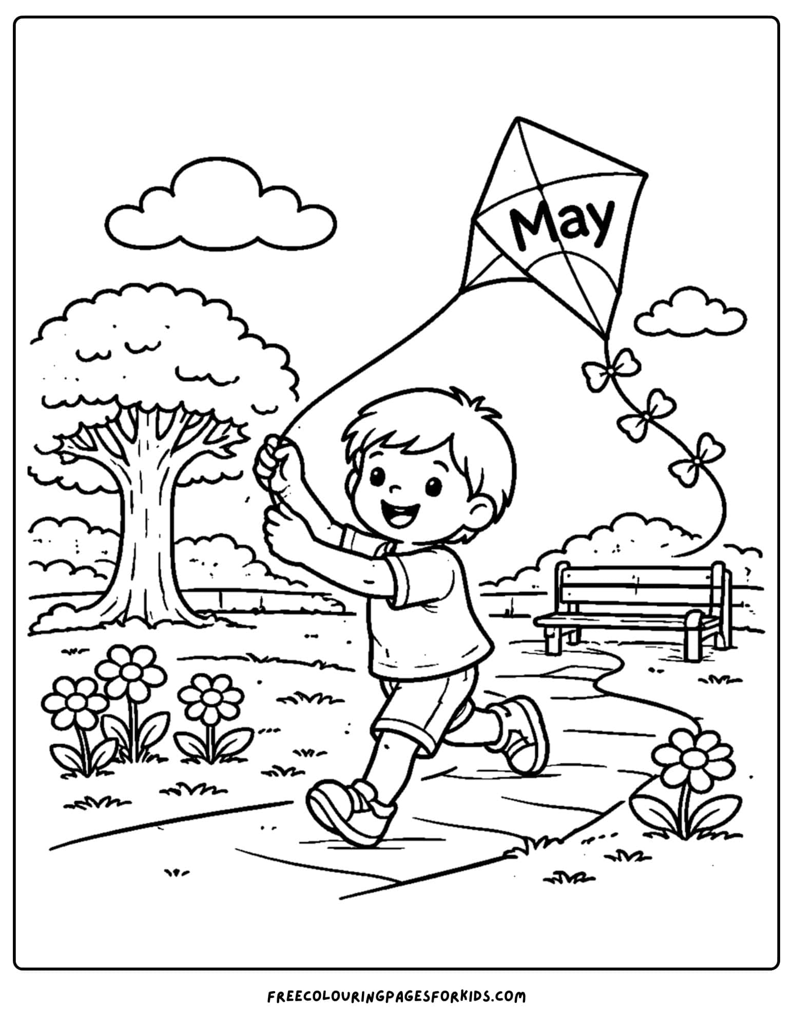 a may coloring page showing a child flying a kite