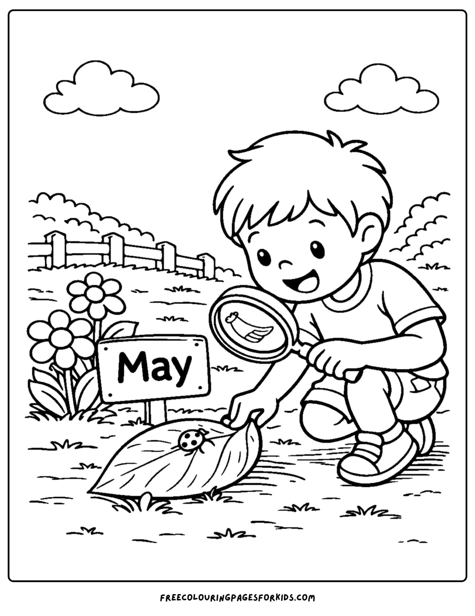 a may coloring page showing a child looking at ladybug on a leaf in the garden