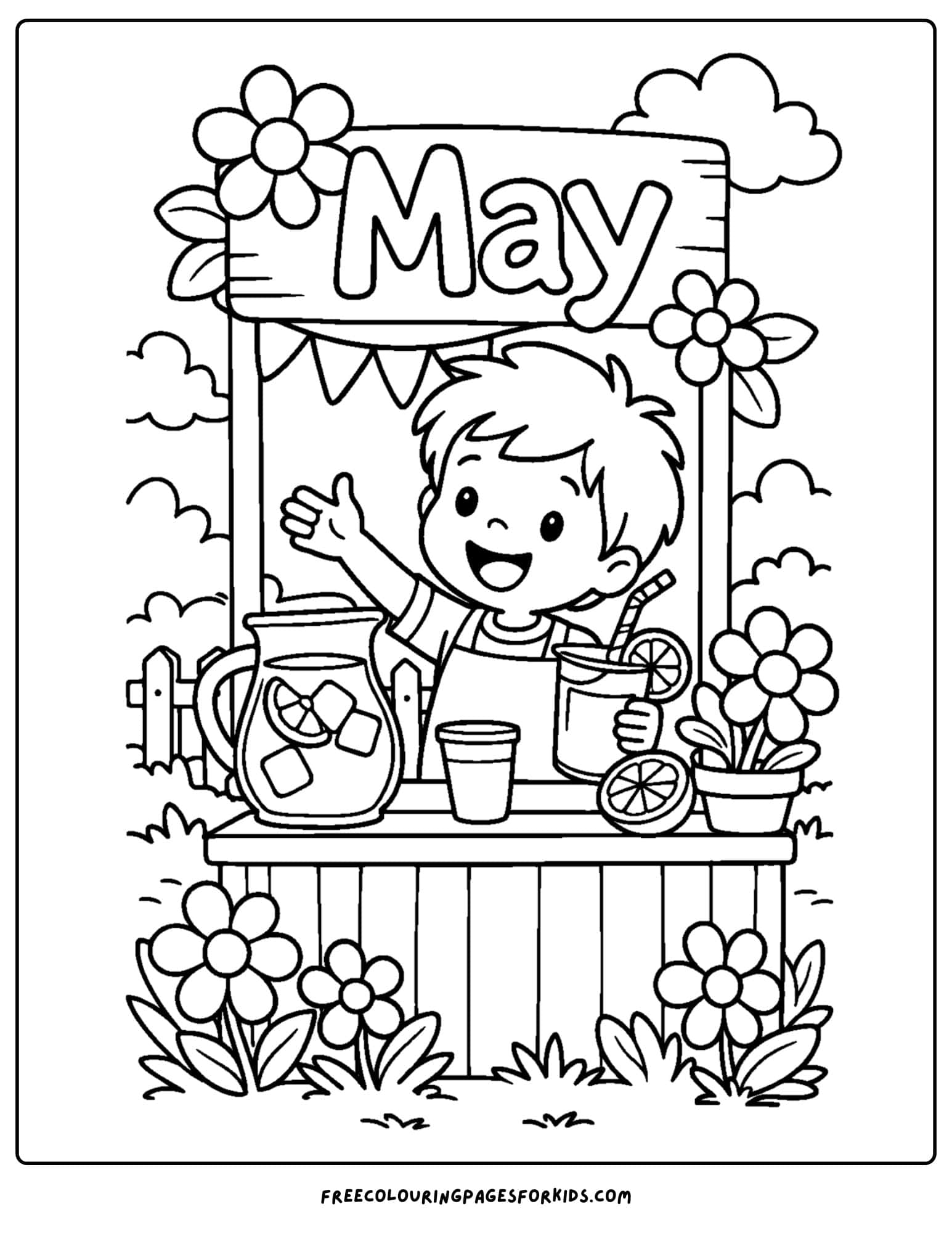 a may coloring page showing a child with a lemonade stand