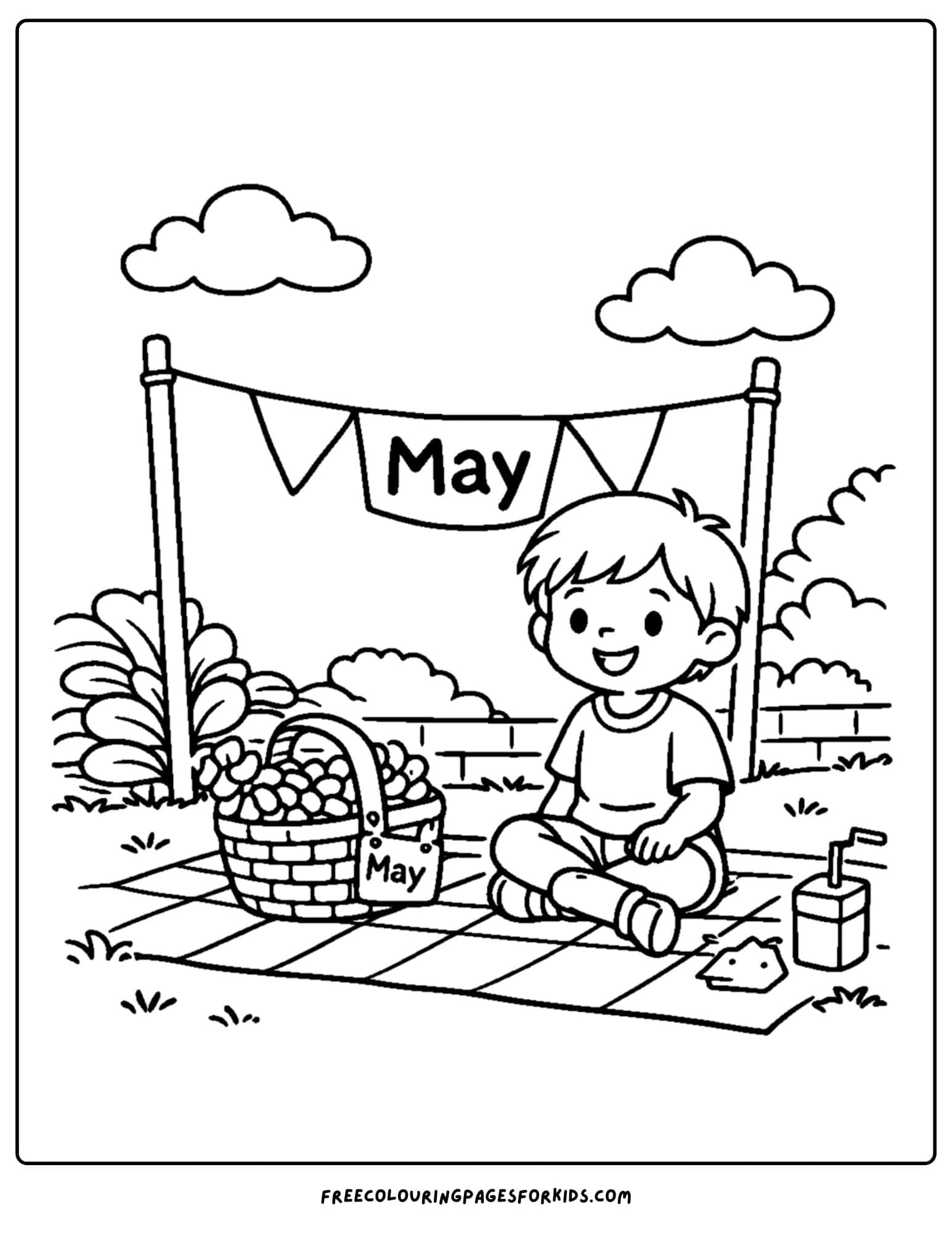 a may coloring page showing a child having a picnic in the garden