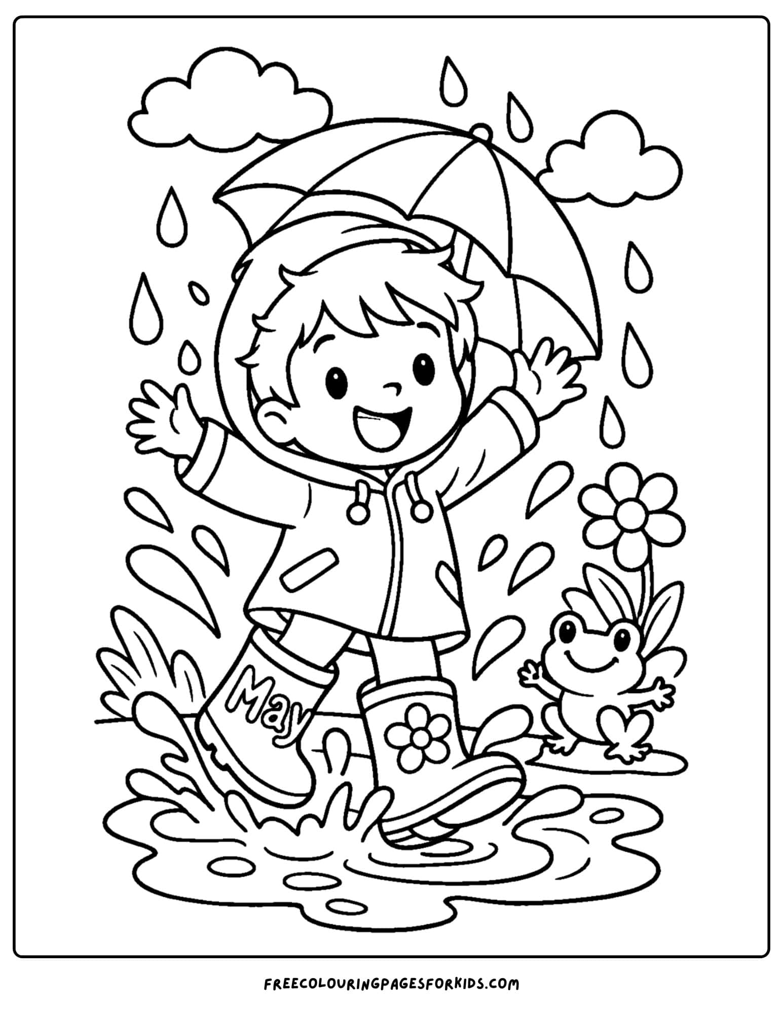 a may coloring page showing a child splash around in the rain with boots on