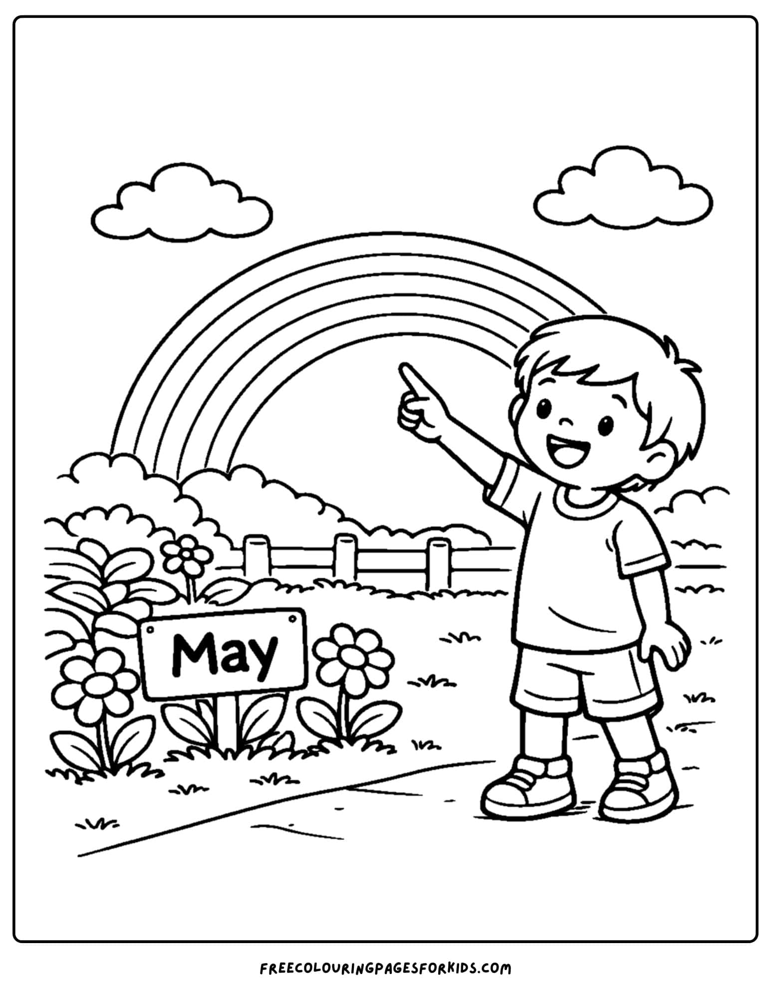 a may coloring page showing a child pointing at a rainbow from the garden