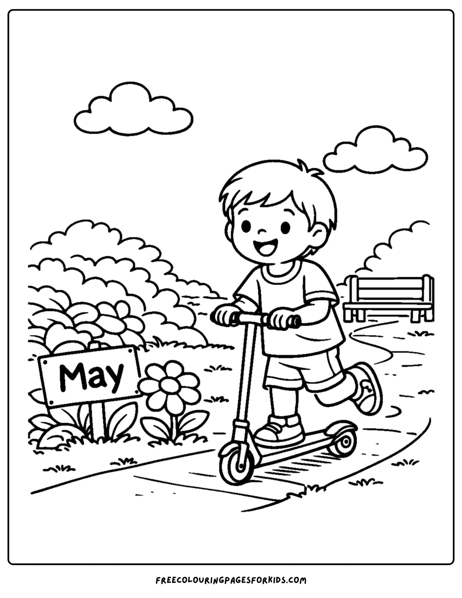a may coloring page showing a riding a scooter in the park