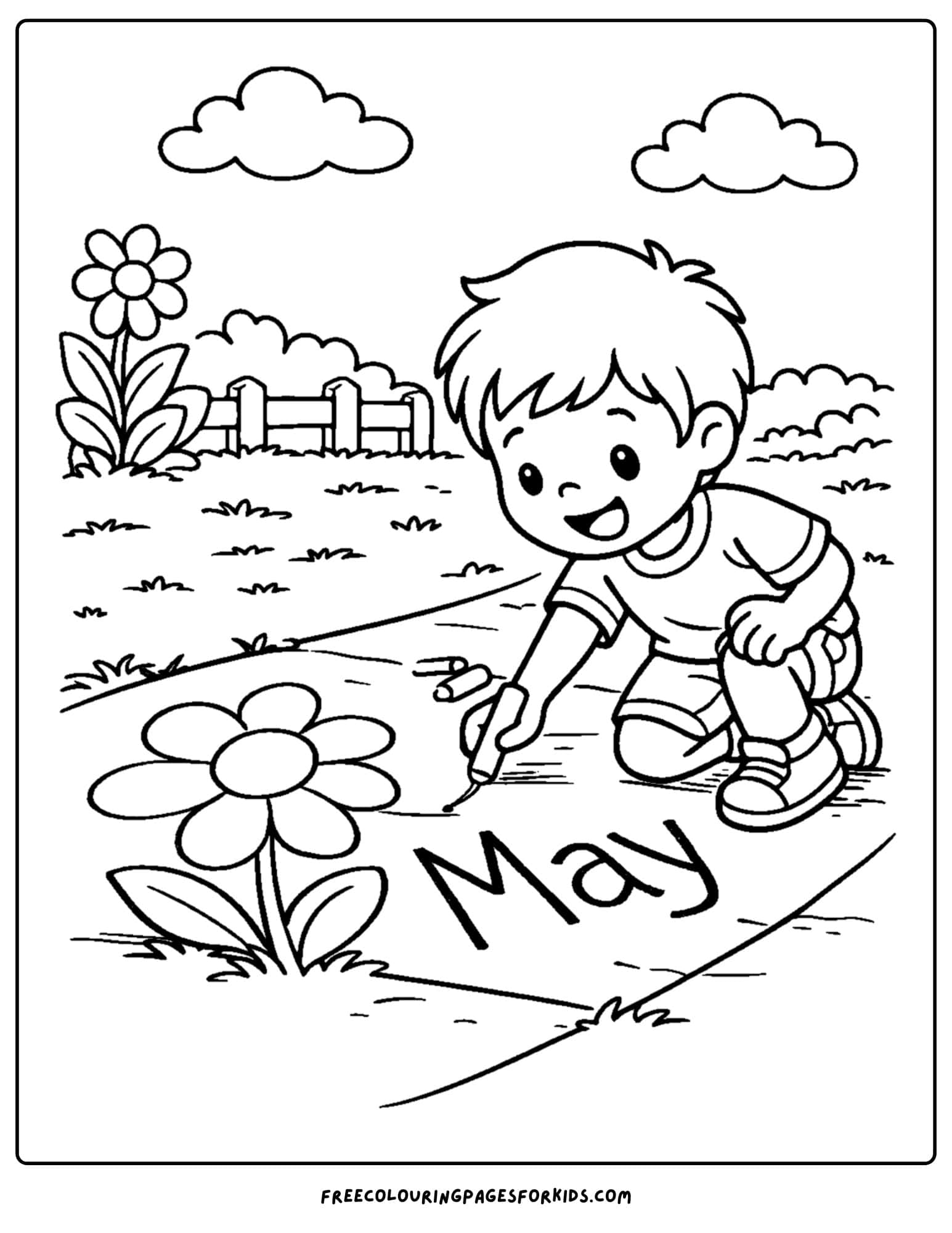 a may coloring page showing a child writing may in chalk on the sidewalk