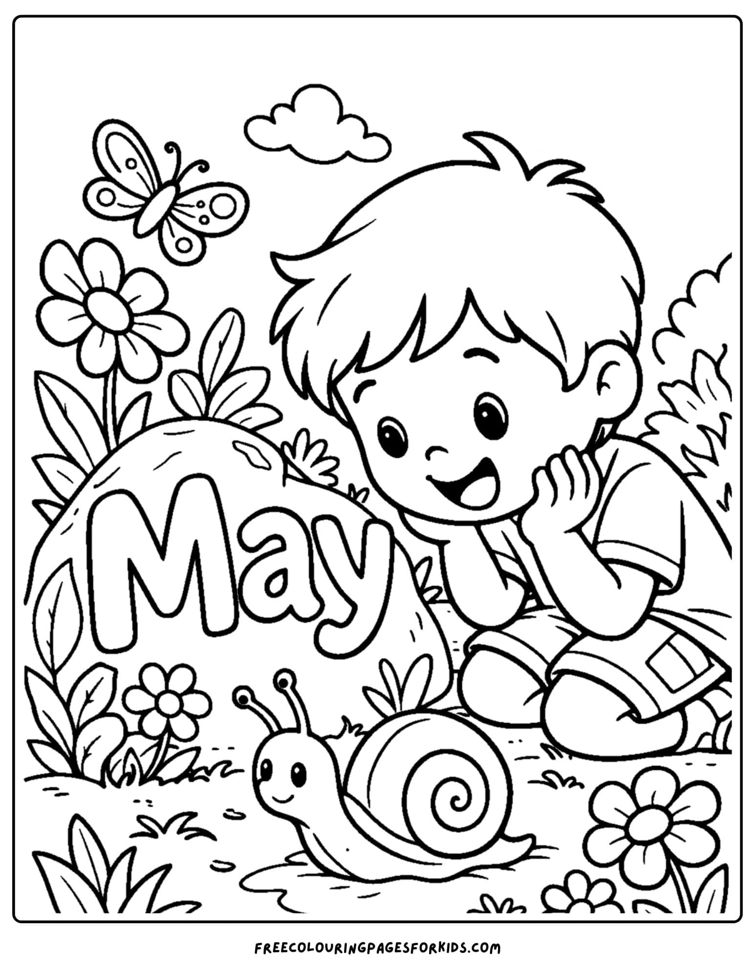 a may coloring page showing a child watching a snail