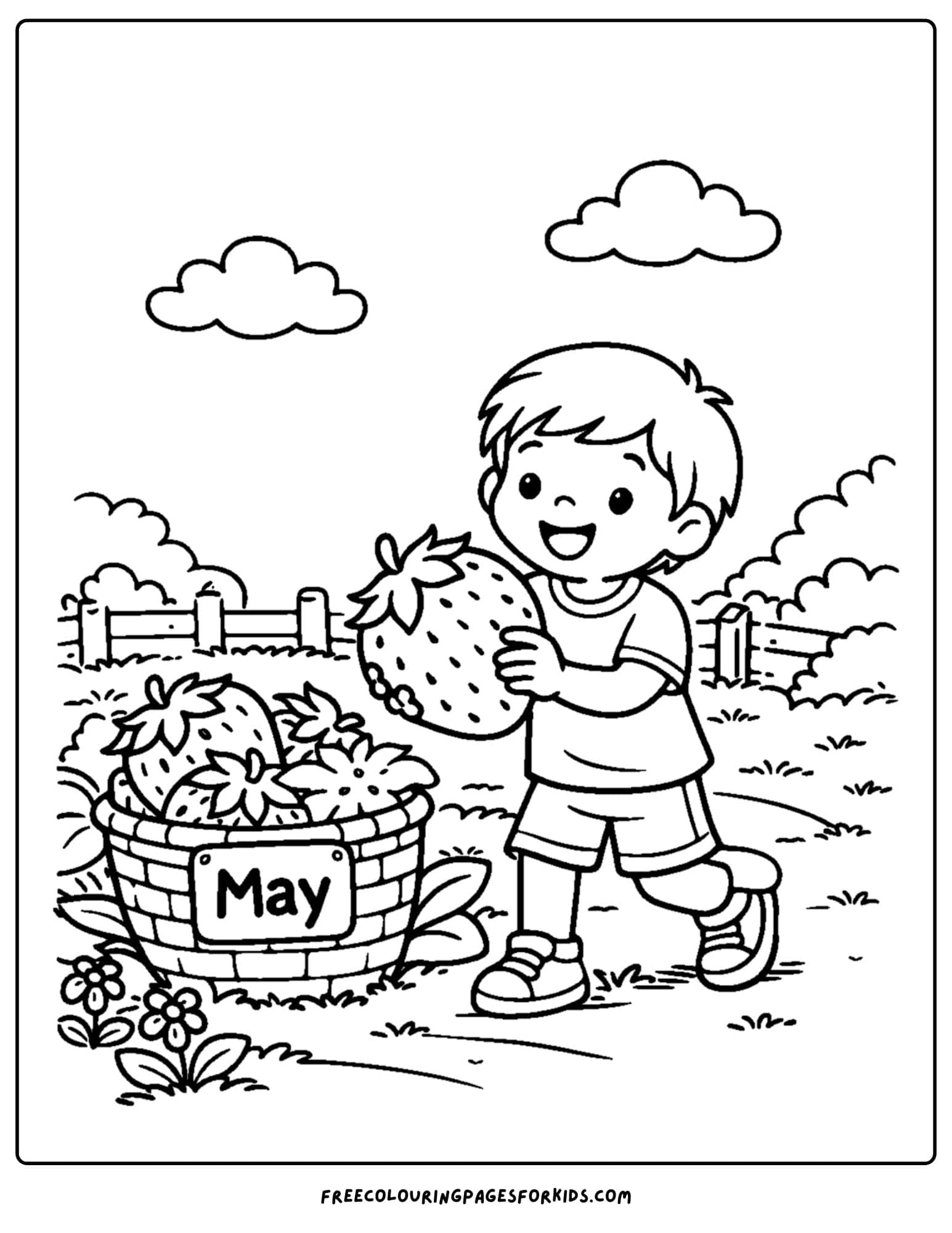 a may coloring page showing a child picking strawberries and putting them in a basket