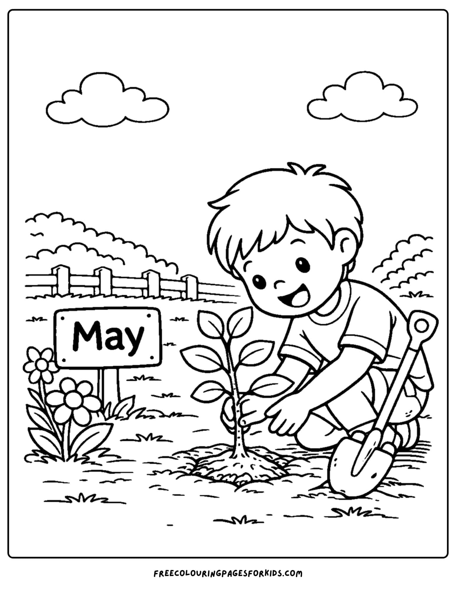 a may coloring page showing a child planting a tree in the garden