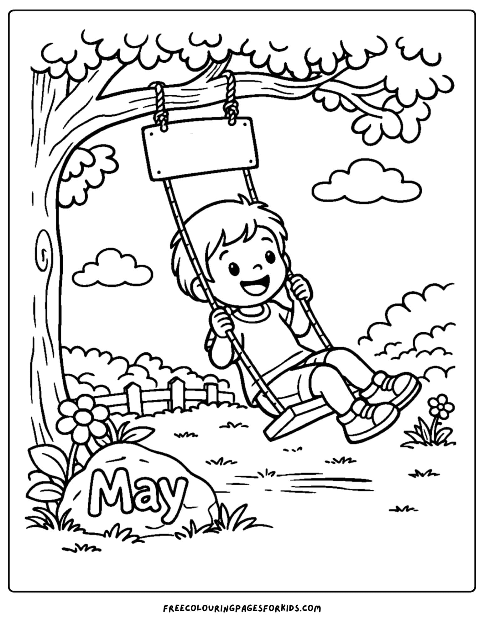 a may coloring page showing a child on a tree swing
