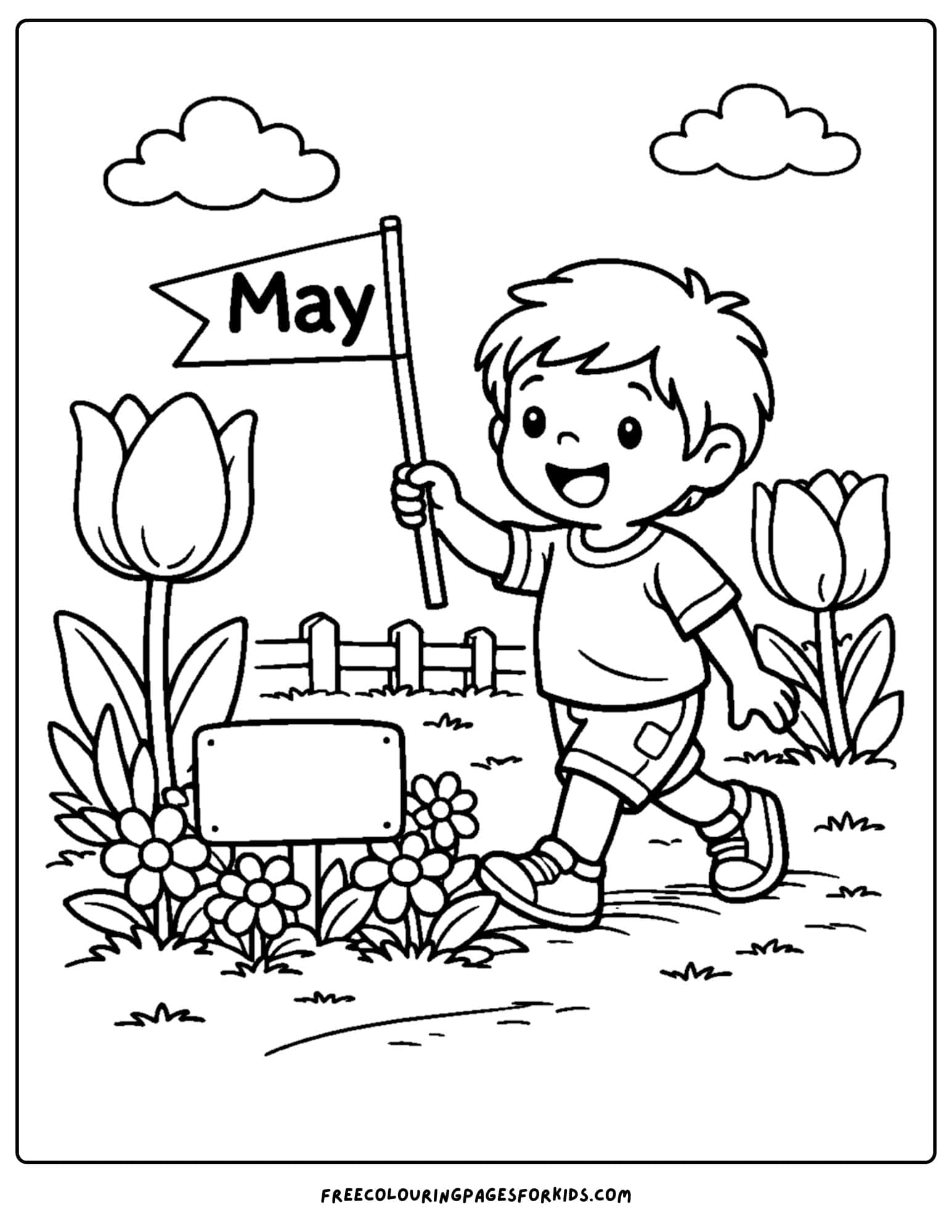 a may coloring page showing a child marching along in a parade style