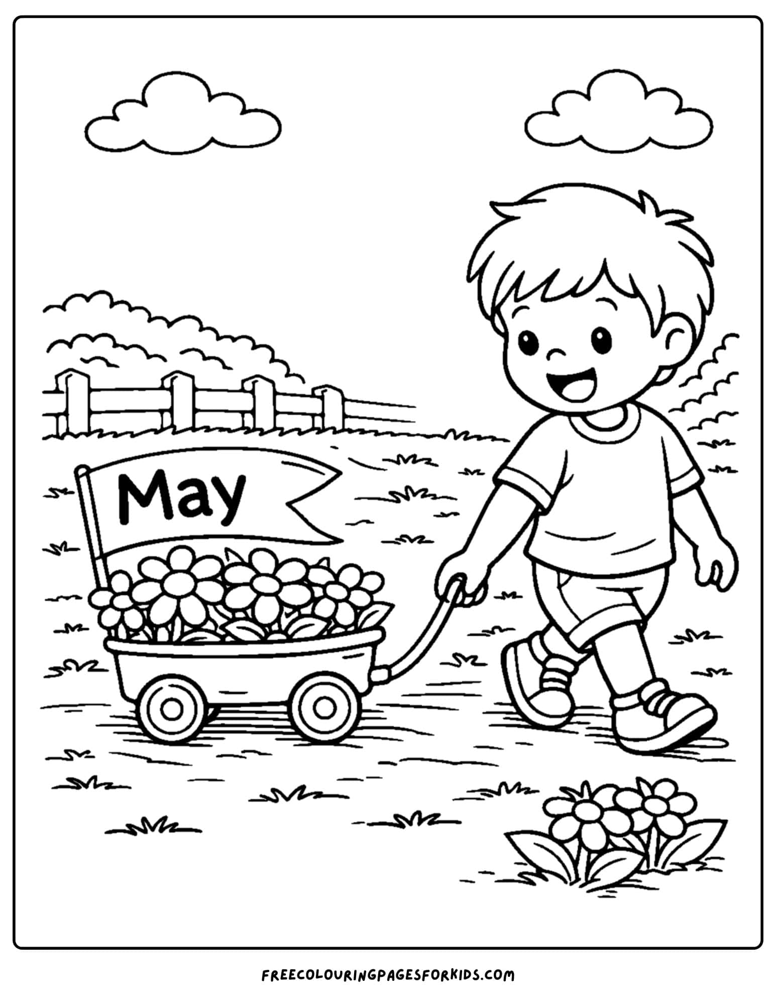 a may coloring page showing a child pulling a wagon full of flowers