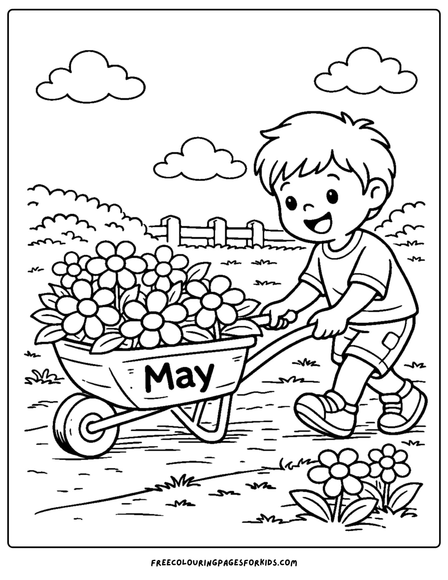 a may coloring page showing a child pushing a wheelbarrow full of flowers