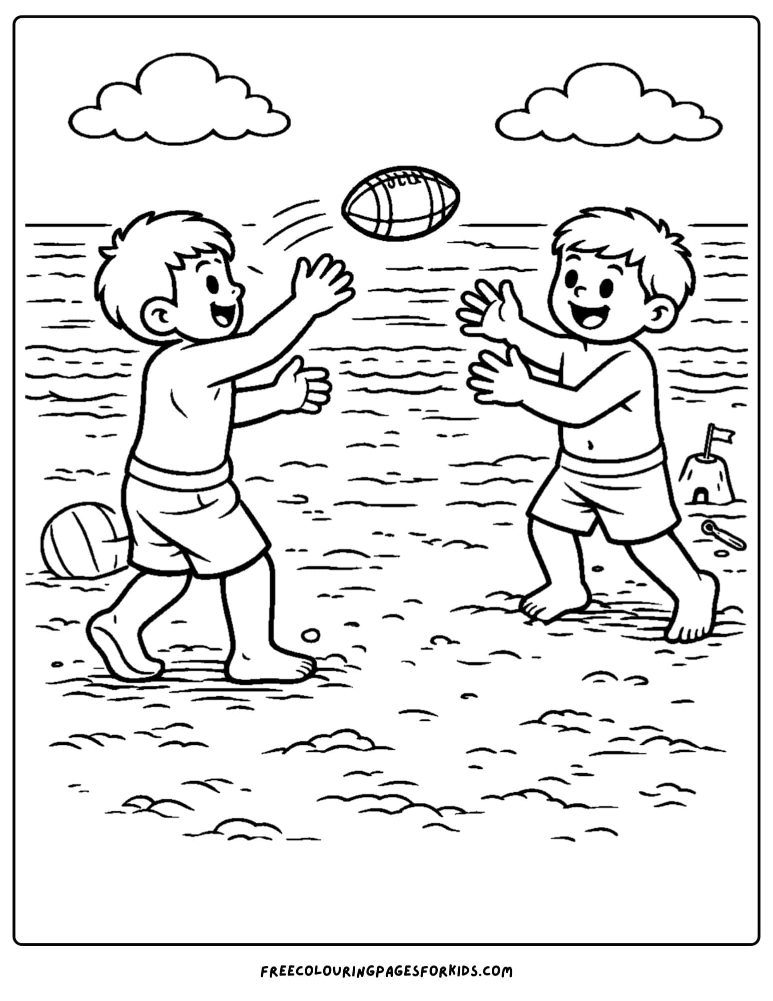 a kids coloring page showing an nfl beach football toss