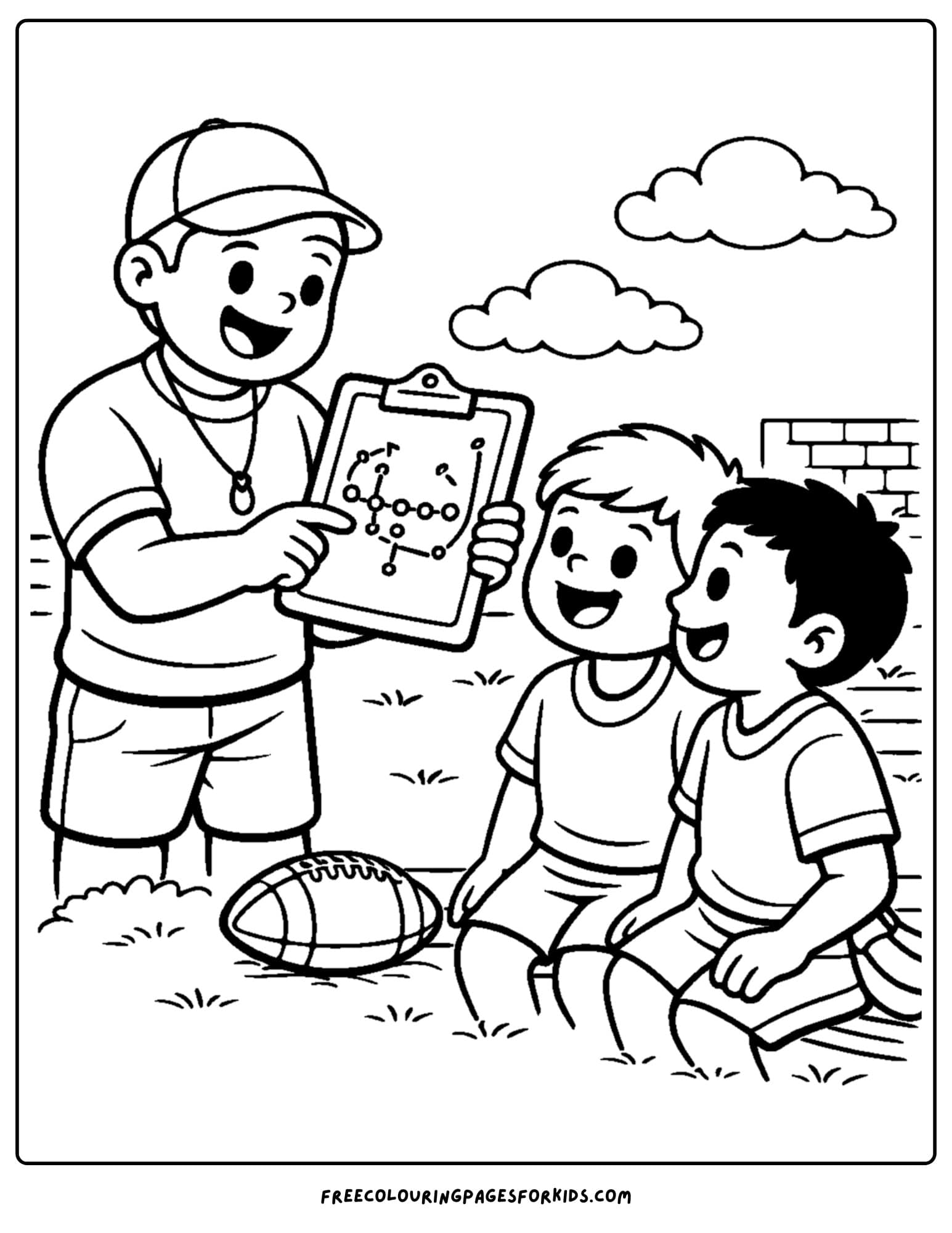 a kids coloring page showing an nfl coach giving instructions
