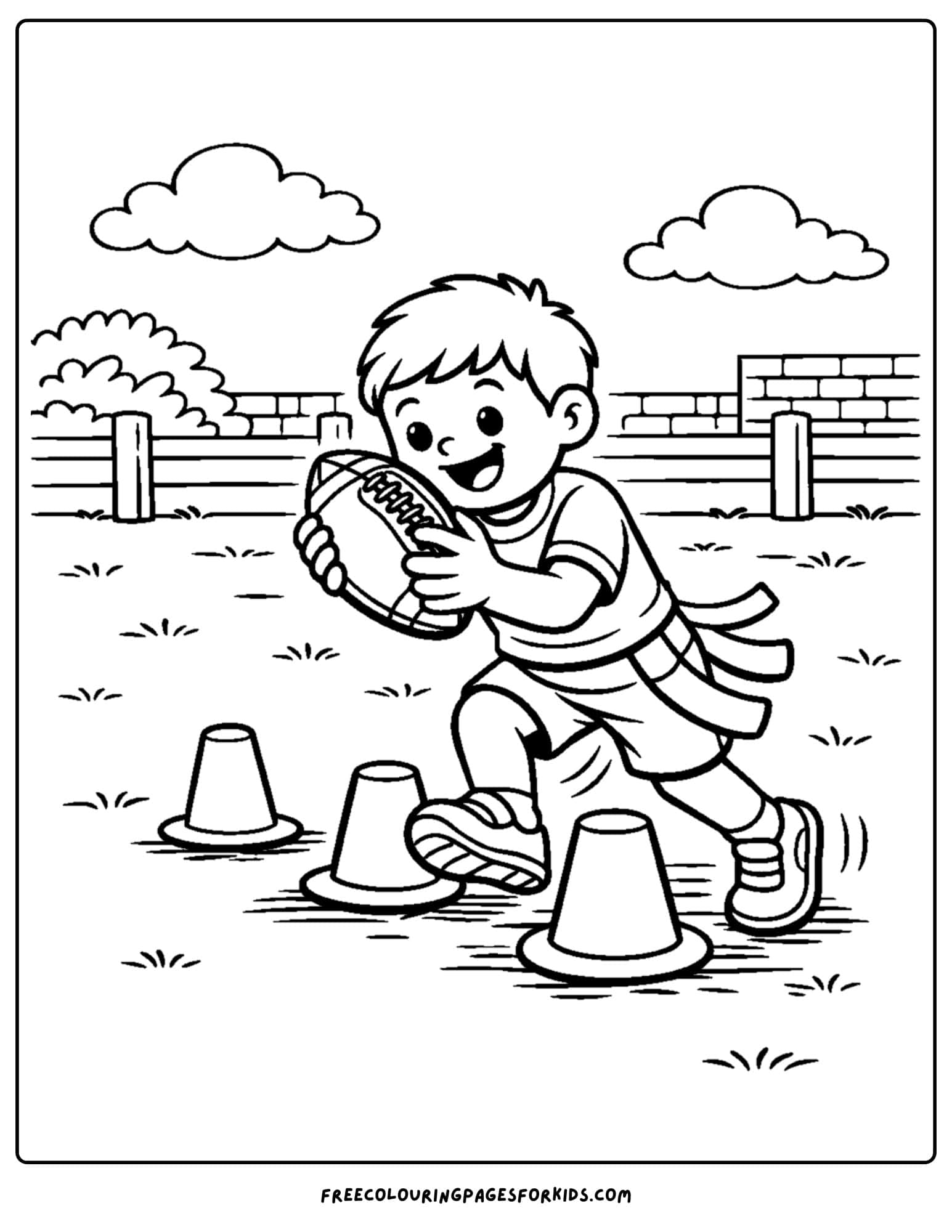 a kids coloring page showing an nfl step and catch drill