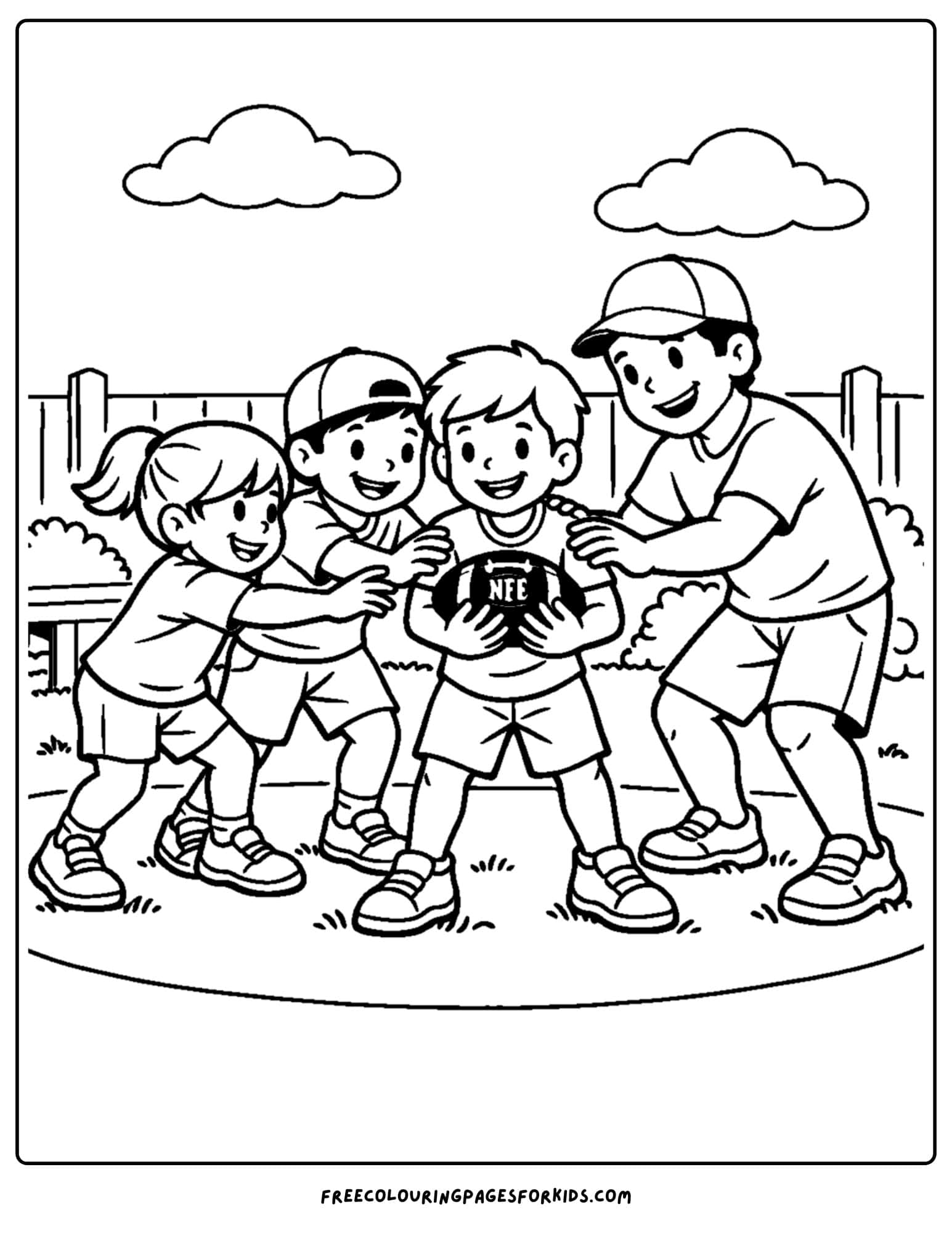 a kids coloring page showing an nfl family backyard scrimmage