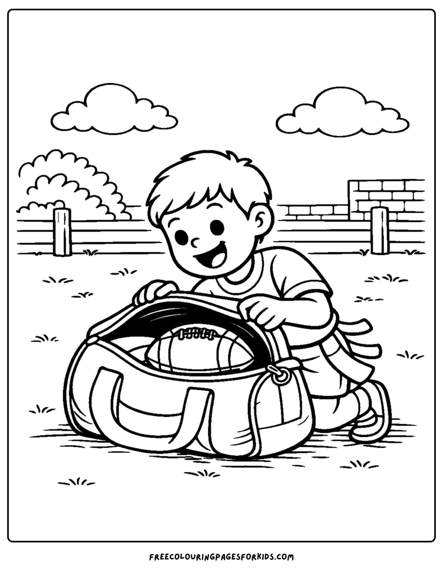 a kids coloring page showing an nfl gear bag with a child looking inside