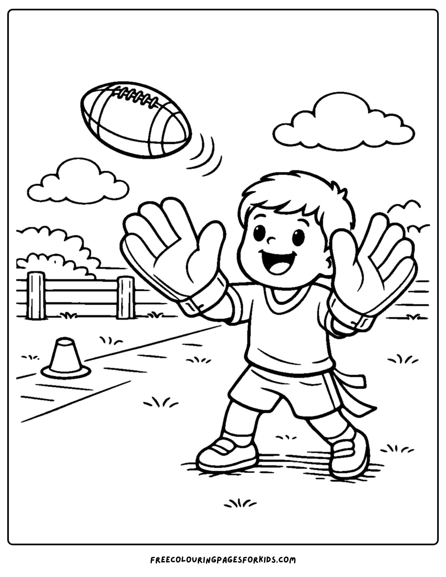 a kids coloring page showing an nfl catch with big gloves