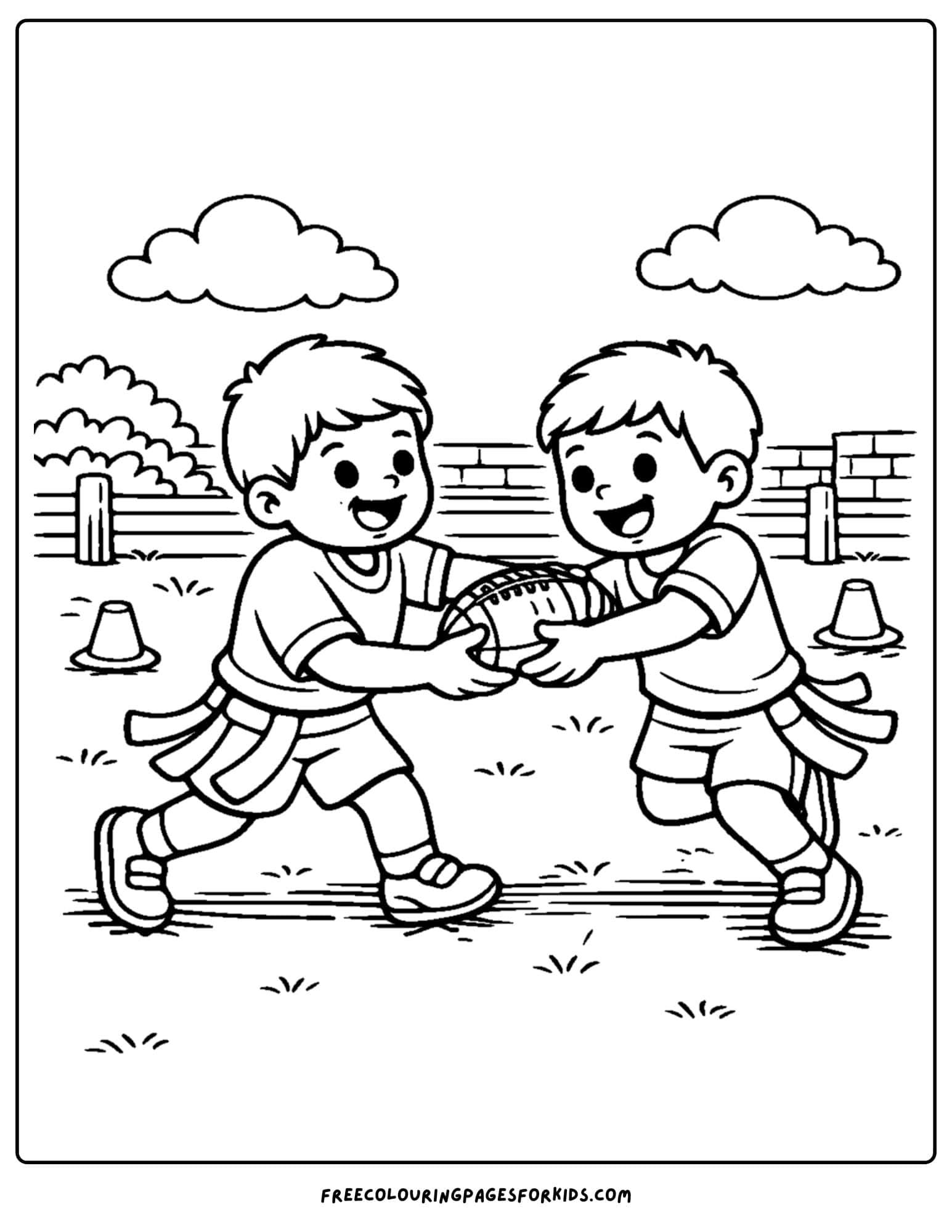 a kids coloring page showing an nfl handoff running drill