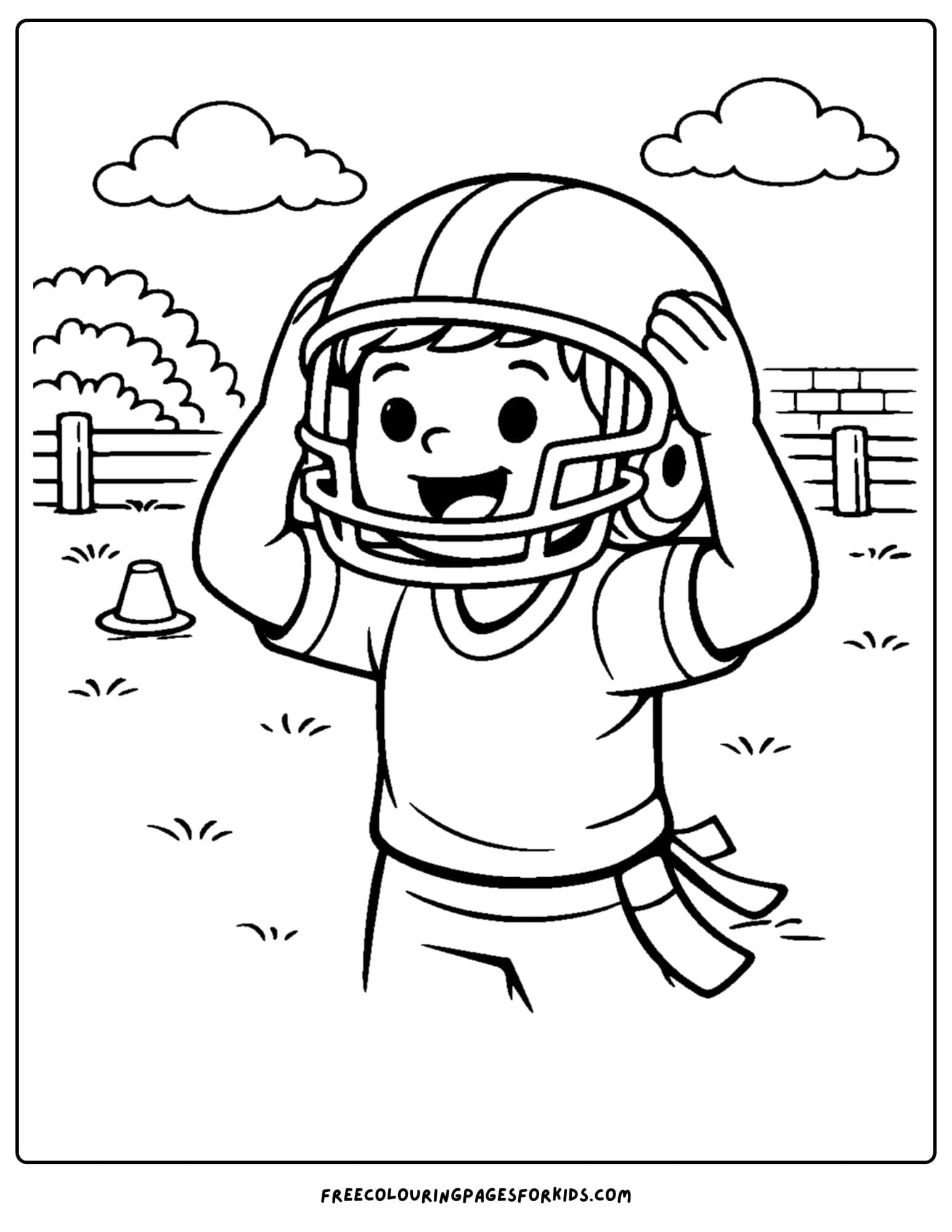 a kids coloring page showing a child wearing an nfl helmet