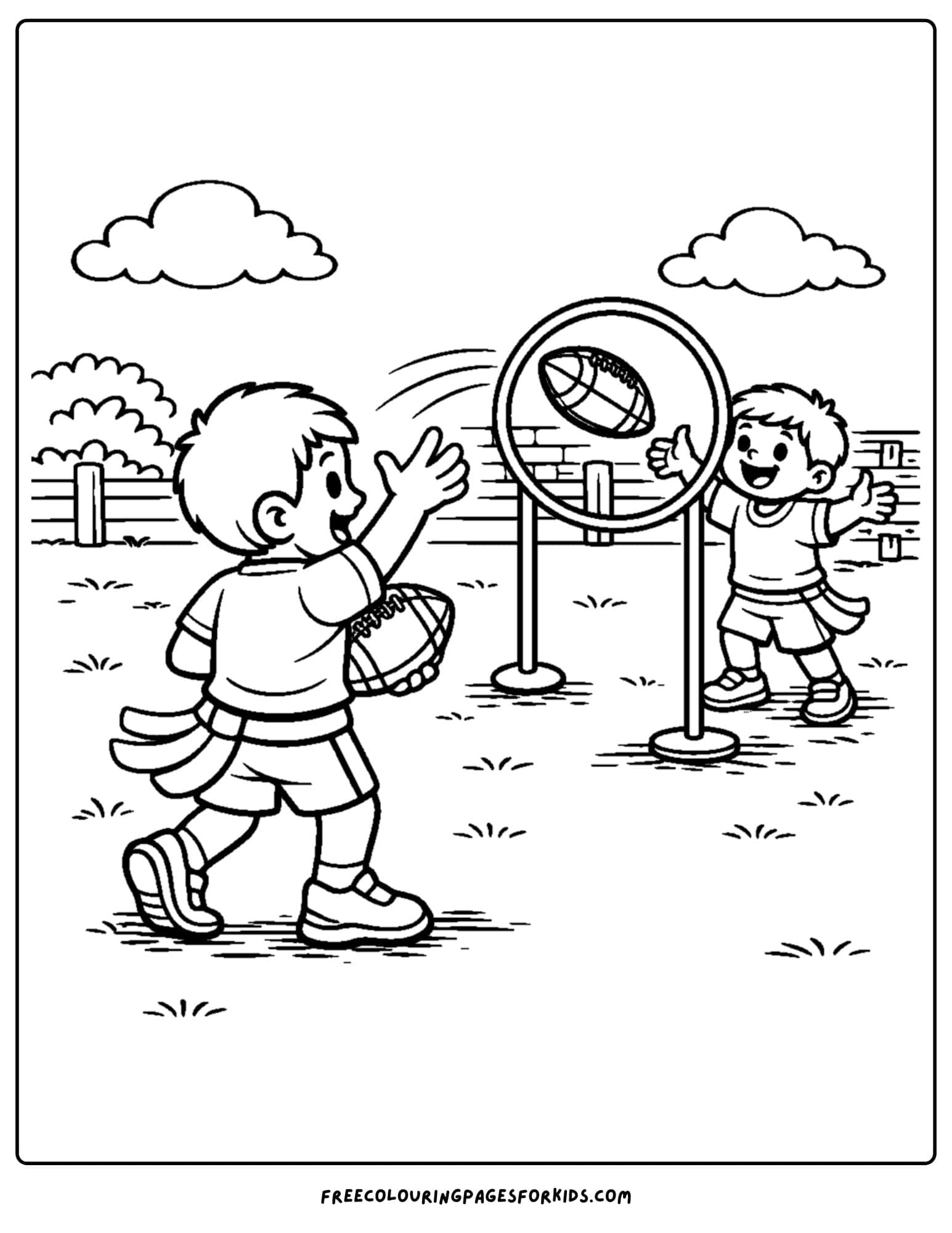 a kids coloring page showing an nfl pass drill through a hoop