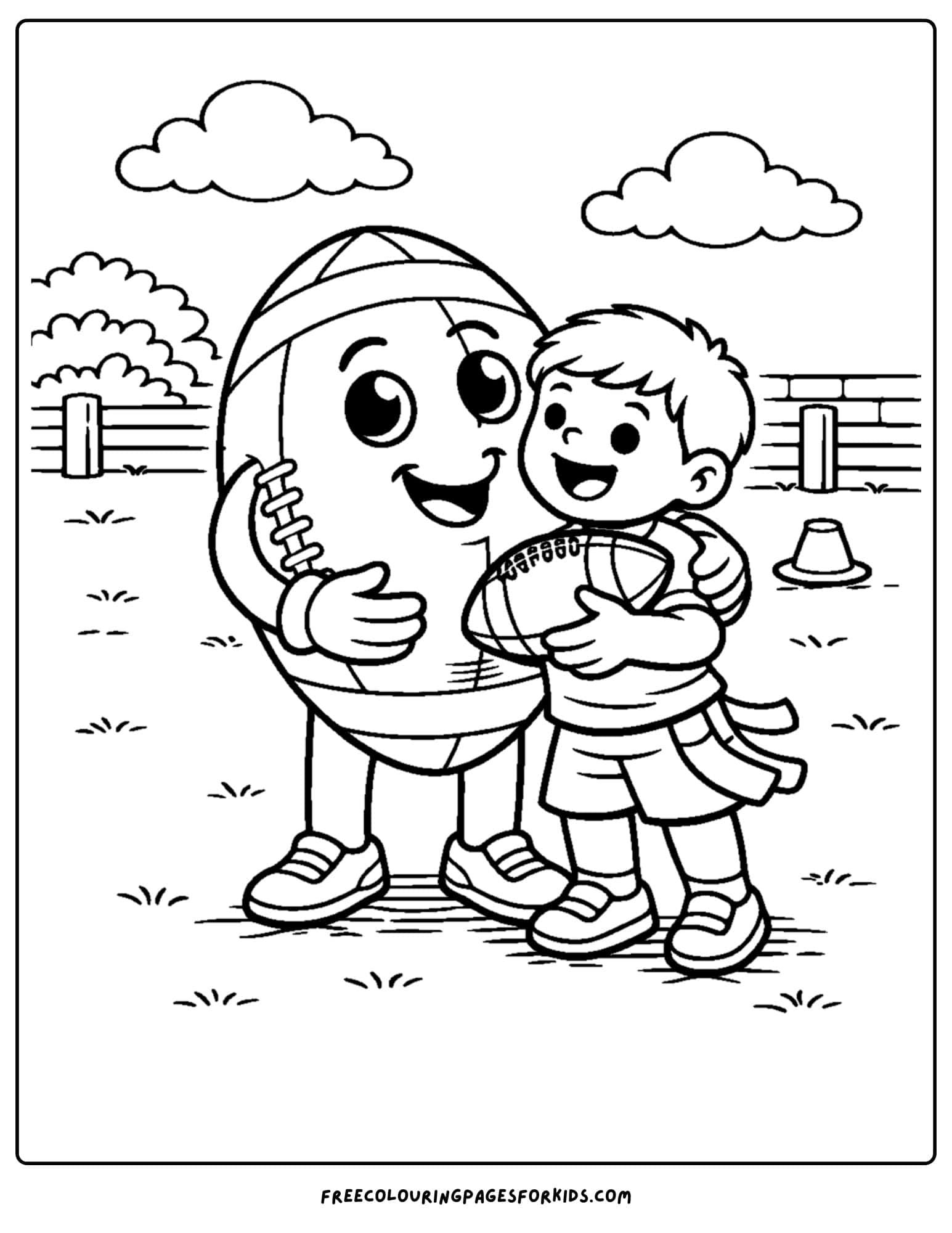 a kids coloring page showing an nfl mascot hugging a child
