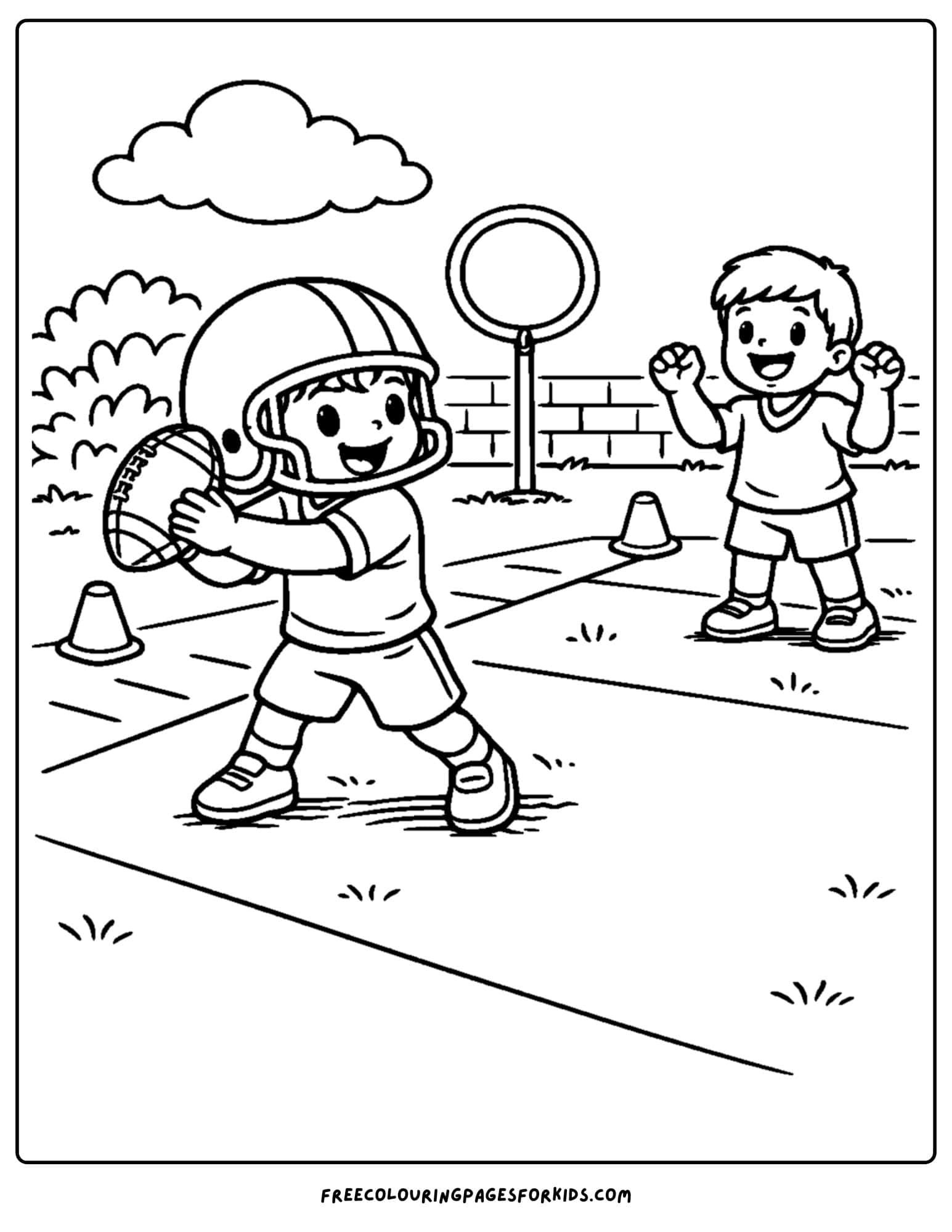 a kids coloring page showing an nfl quarterback throw practice