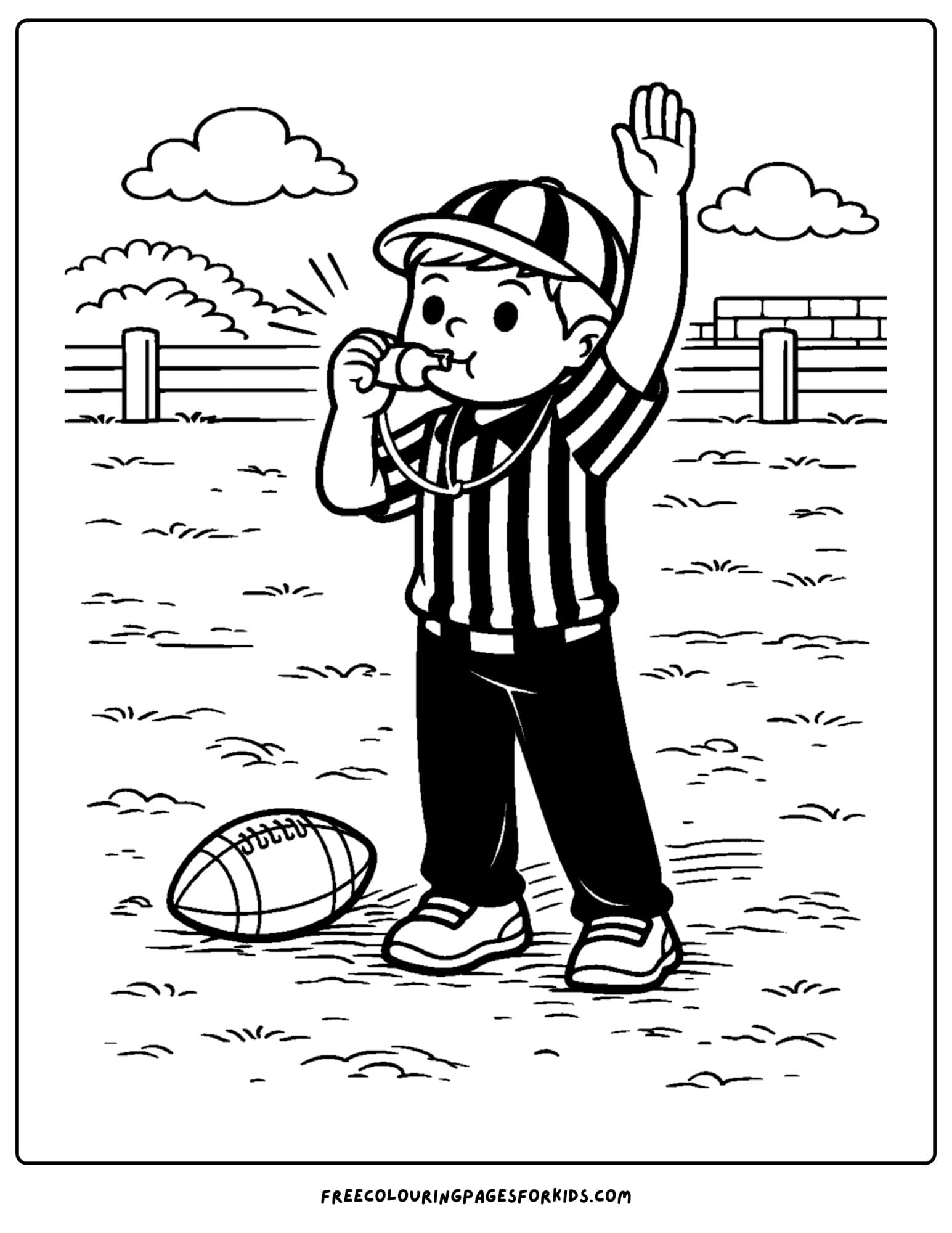 a kids coloring page showing an nfl umpire blowing their whistle