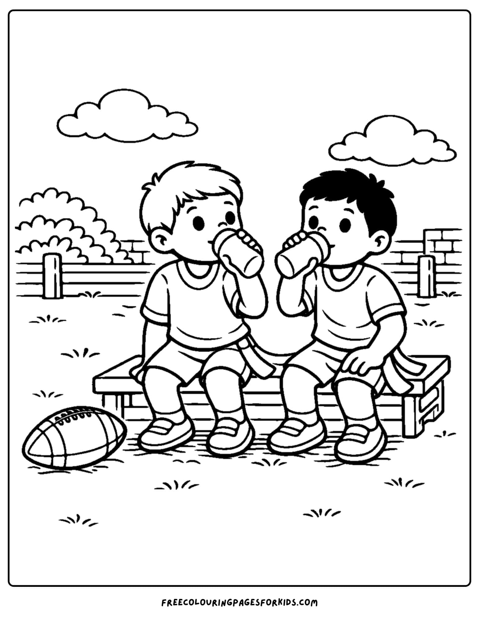a kids coloring page showing an nfl sideline break during practice