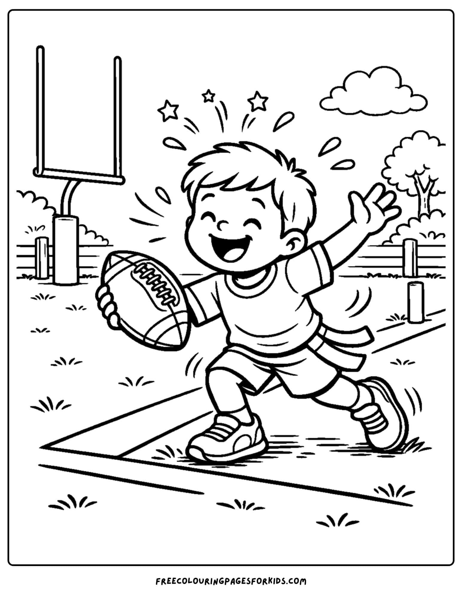 a kids coloring page showing an nfl endzone silly dance
