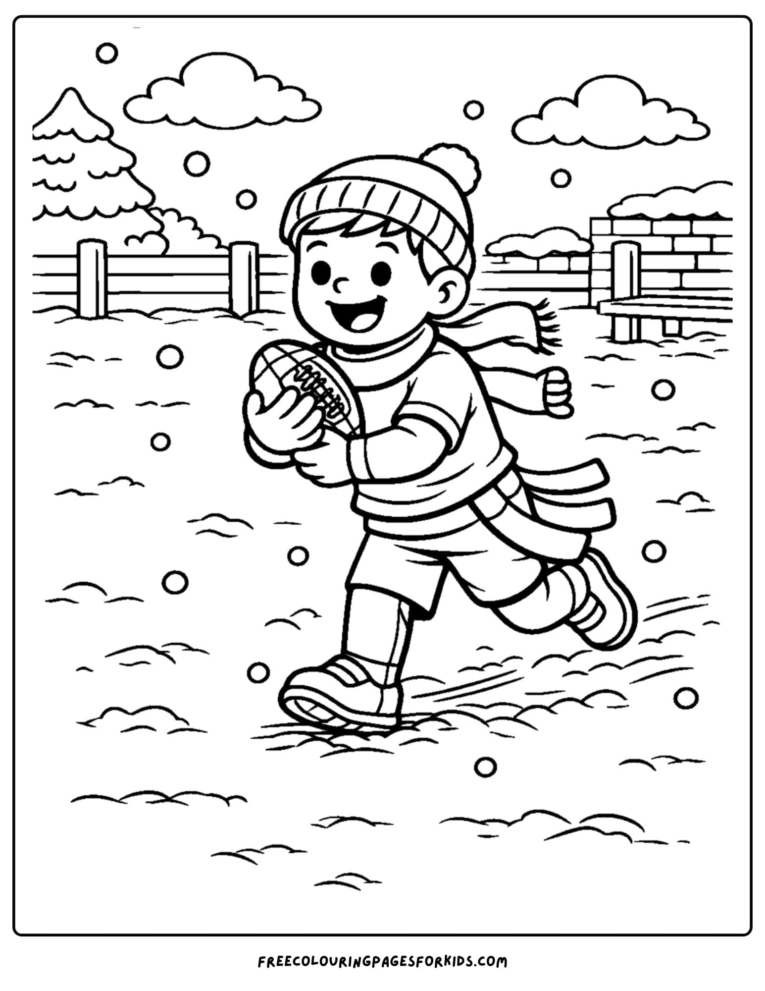 a kids coloring page showing a kid playing a bit of NFL with a ball in the snowy bakyard