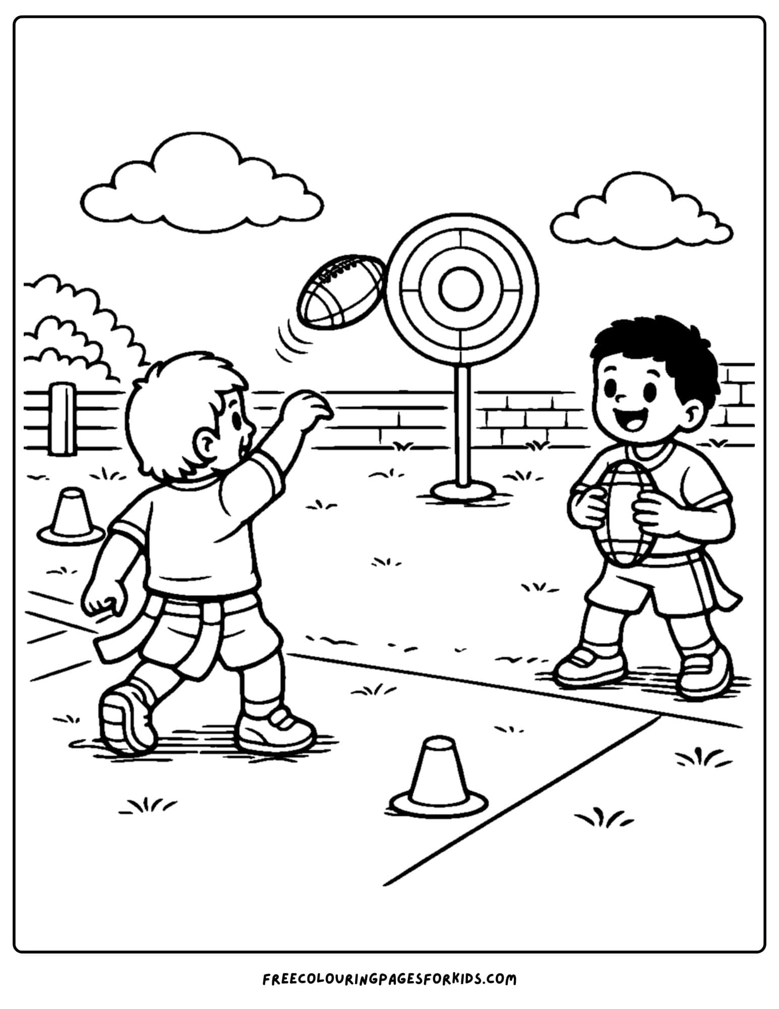 a kids coloring page showing an nfl ball throwing challenge to hit a target