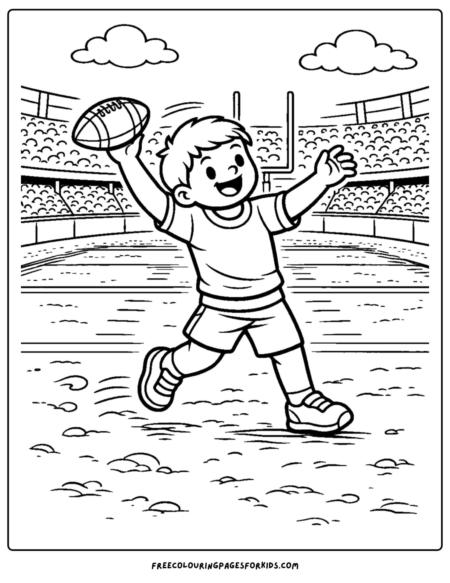 a kids coloring page showing an nfl stadium with a kid pretending to throw the ball