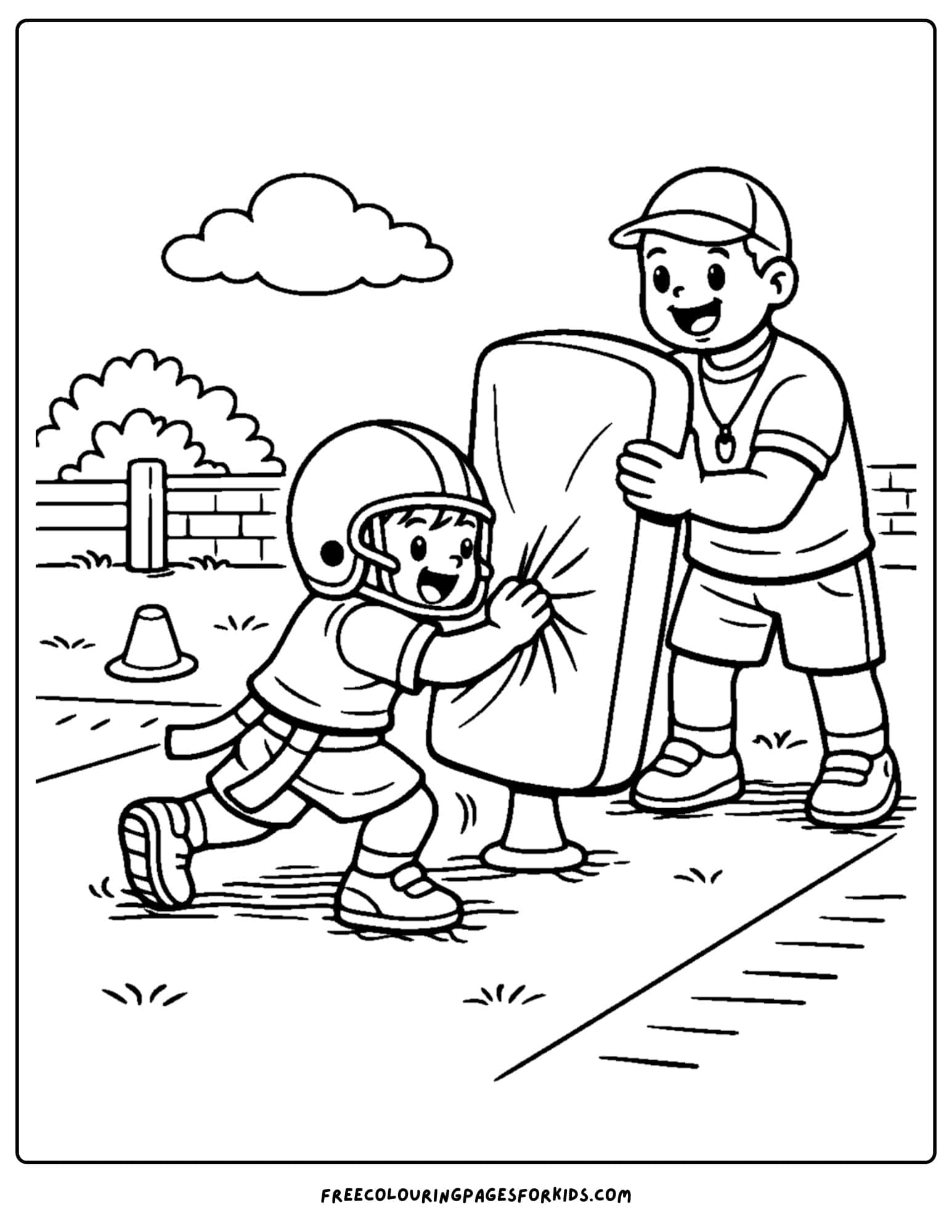 a kids coloring page showing an nfl tackle drill with a tackle bag