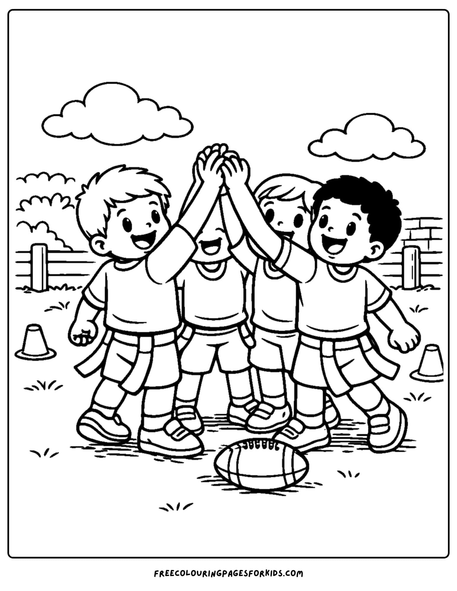a kids coloring page showing an nfl team huddle